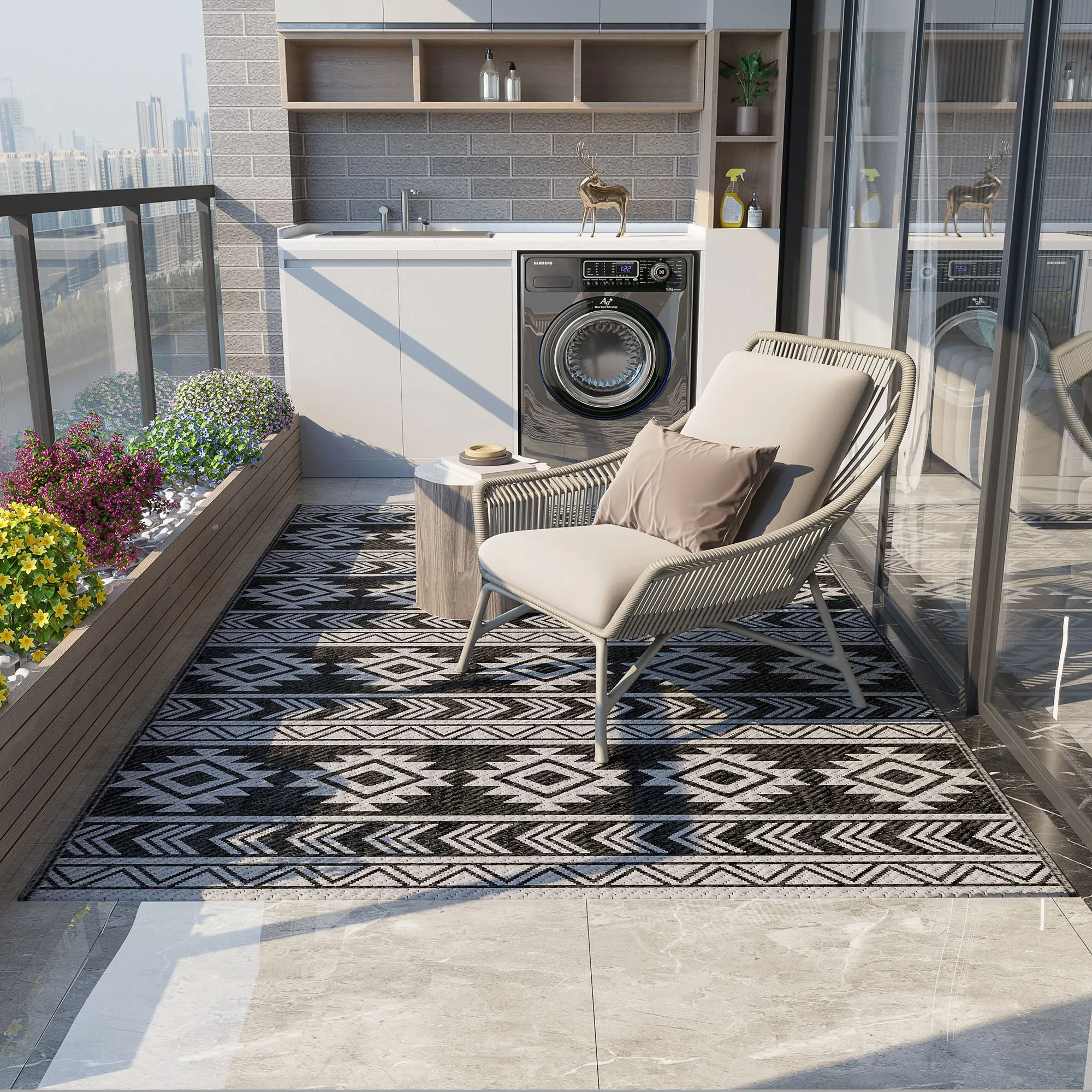 Modern Outdoor Rug Black and Grey PP with Reversible and Foldable Design, 182x274 cm - Image 2