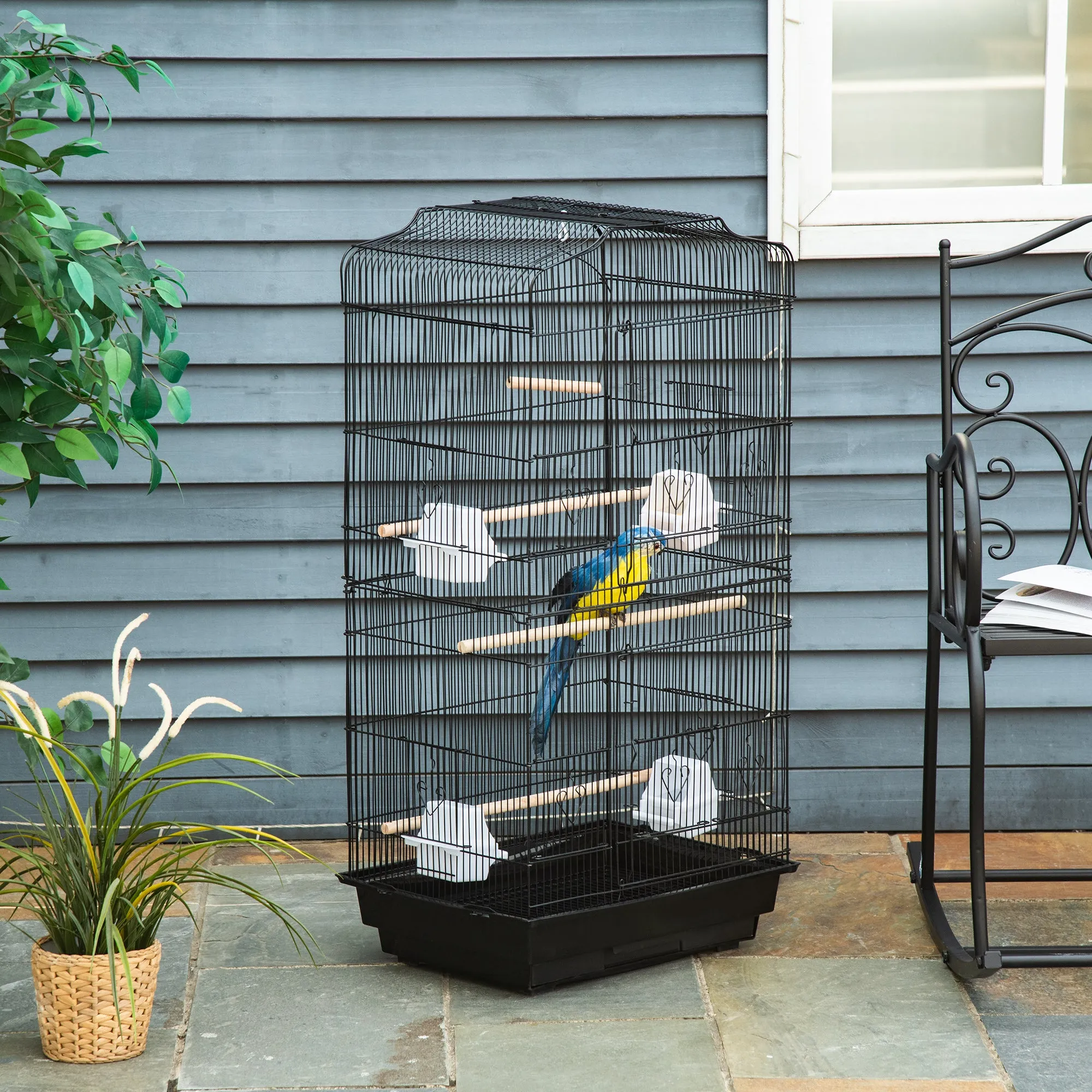 Bird Cage in Metal and Plastic with Perches, Swing and Bowls, 46.5x35.5x92 cm, Black - Image 2