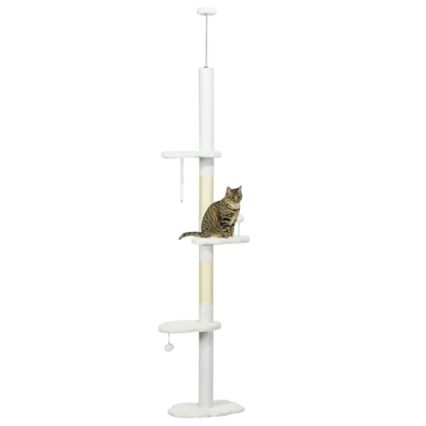 Ceiling Cat Tree with Adjustable Height and Cotton Scratching Posts, 48x32x225-255 cm, White