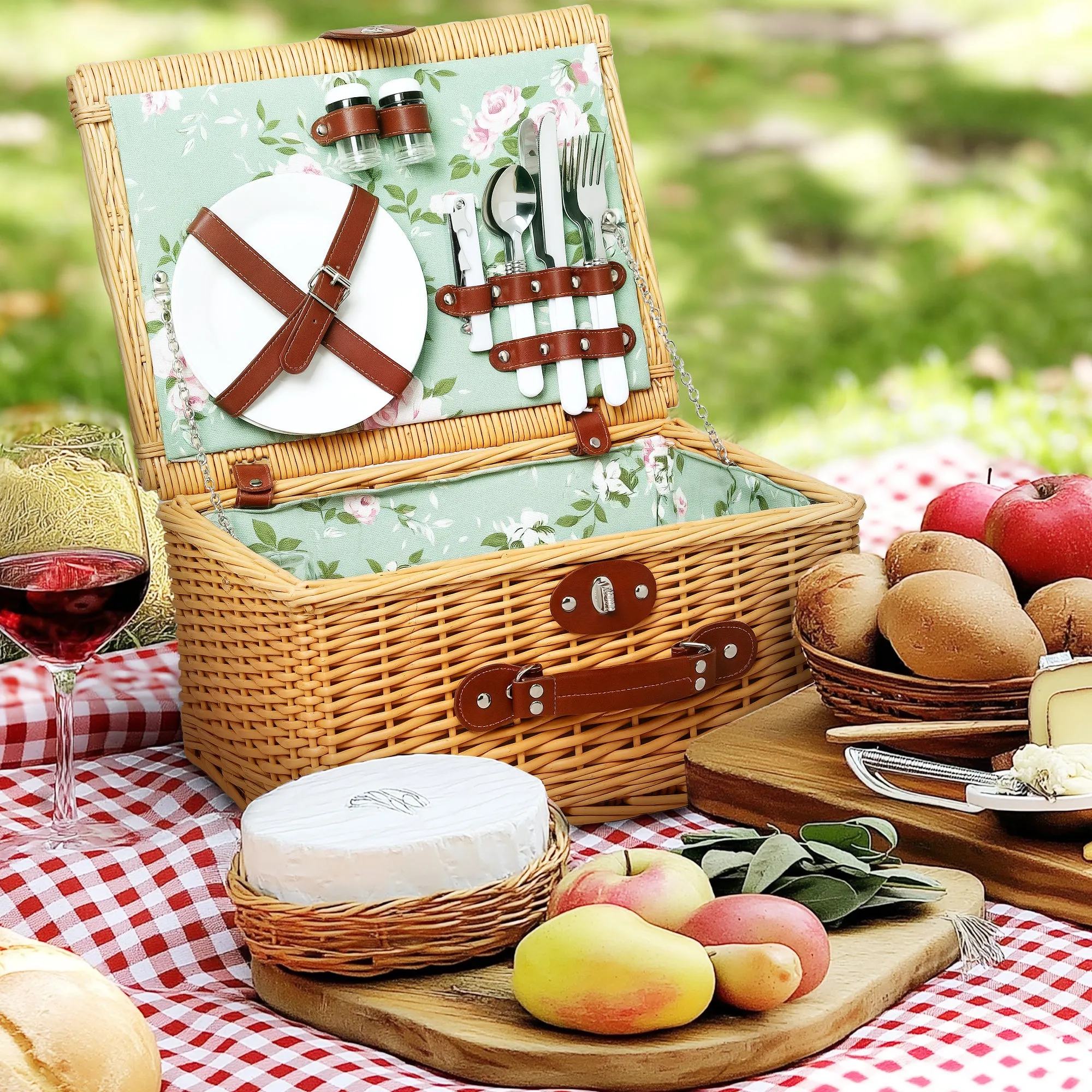 Wicker Picnic Basket for 2 People with Plates, Goblets, Corkscrew and Cutlery, 40x30x20 cm, Brown - Image 2