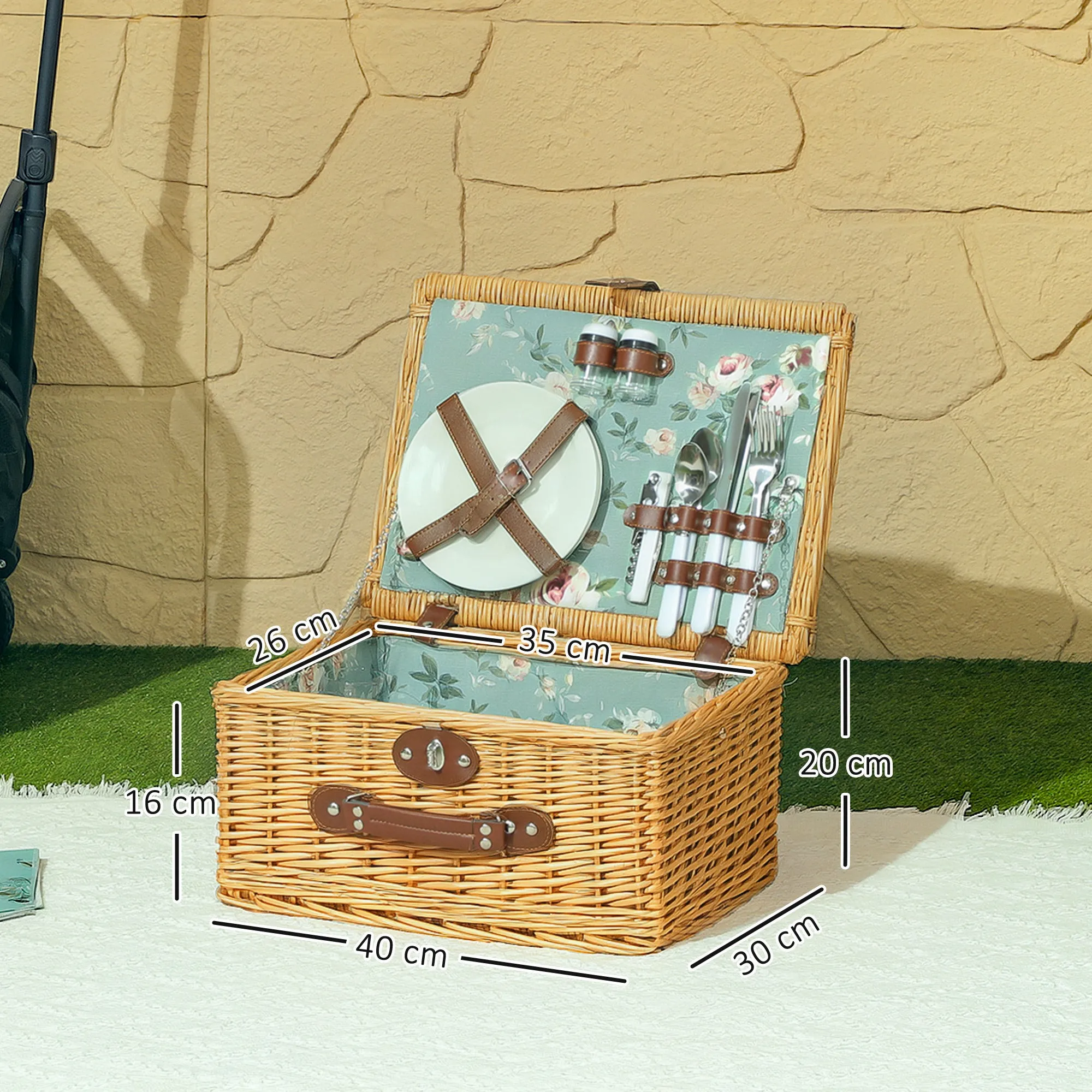 Wicker Picnic Basket for 2 People with Plates, Goblets, Corkscrew and Cutlery, 40x30x20 cm, Brown - Image 3