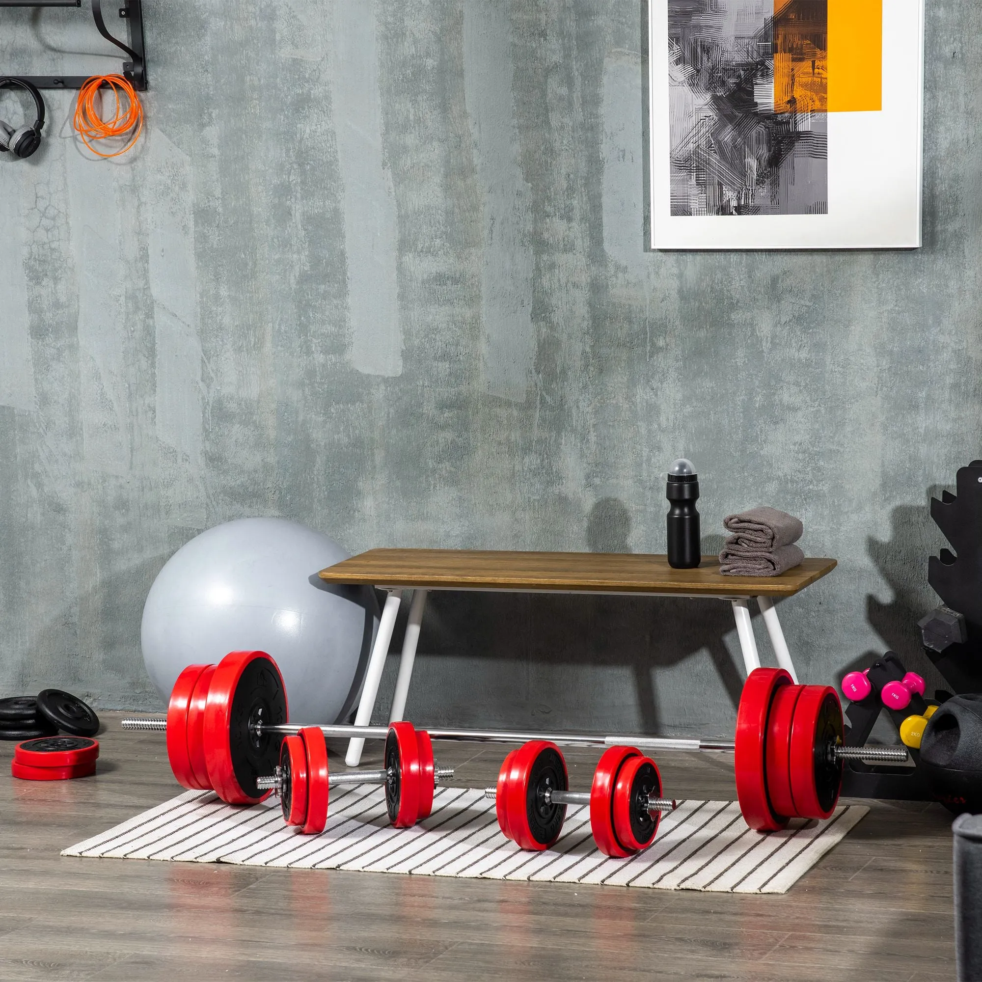 Barbell and Plates Set 65kg total for Home Workout, in Metal, Iron Sand and Rubber, Red - Image 2
