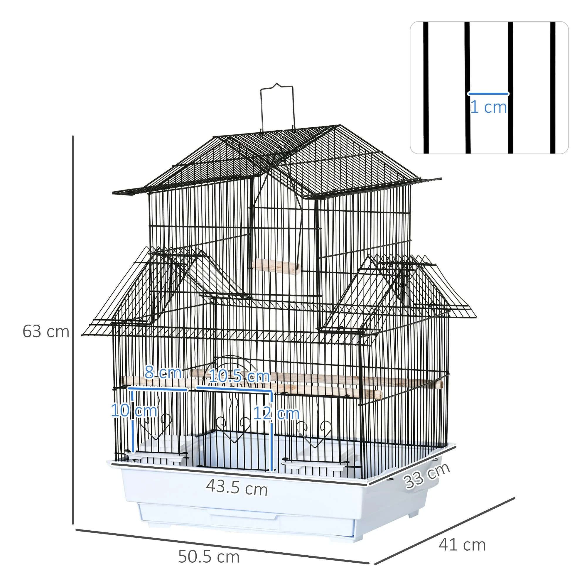 Metal and Plastic Bird Cage with Carrying Handle and Removable Tray, 50.5x41x63 cm, White - Image 3