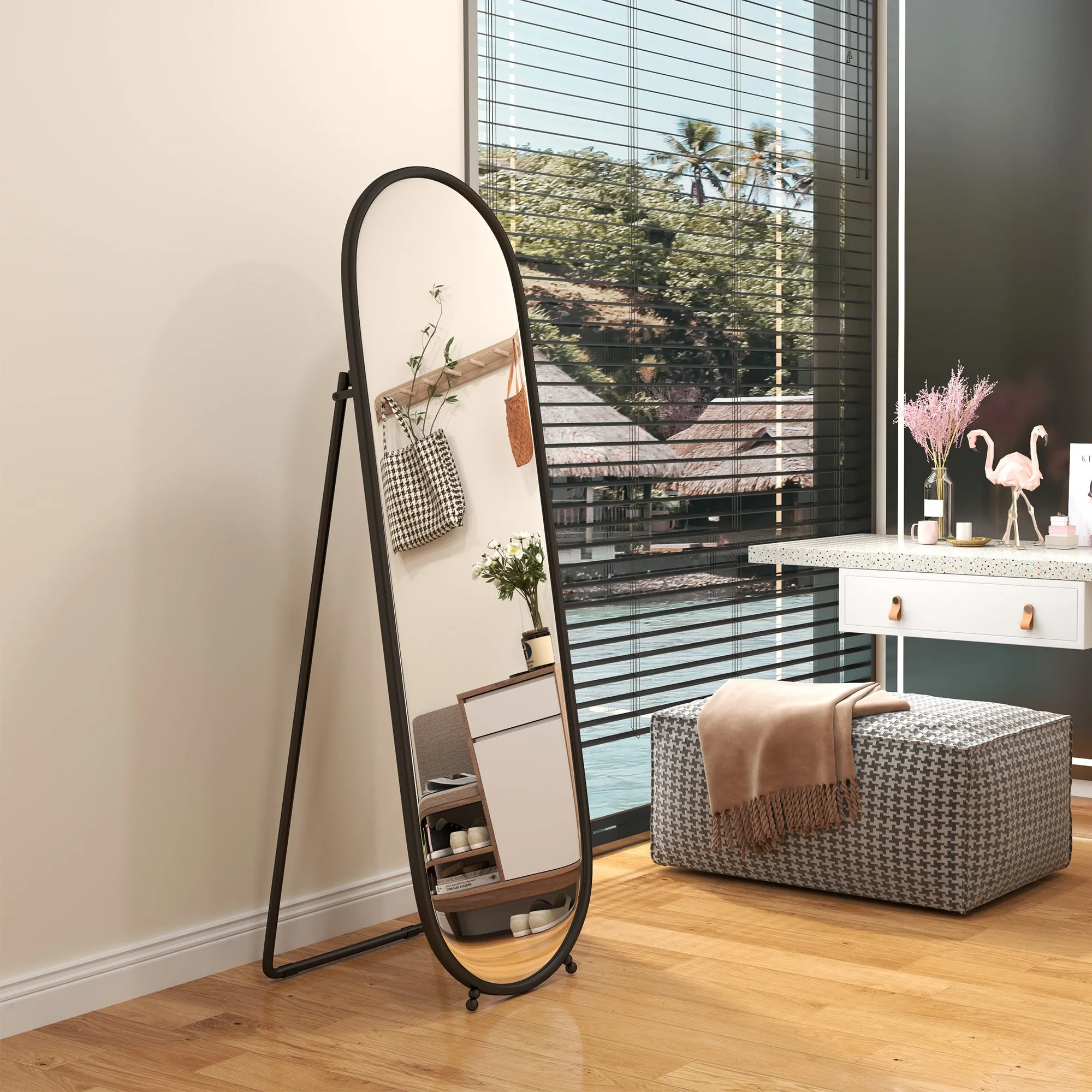 Full-Length Floor Mirror with Folding Stand, in Glass and Metal, 40x41x159 cm, Black - Image 2