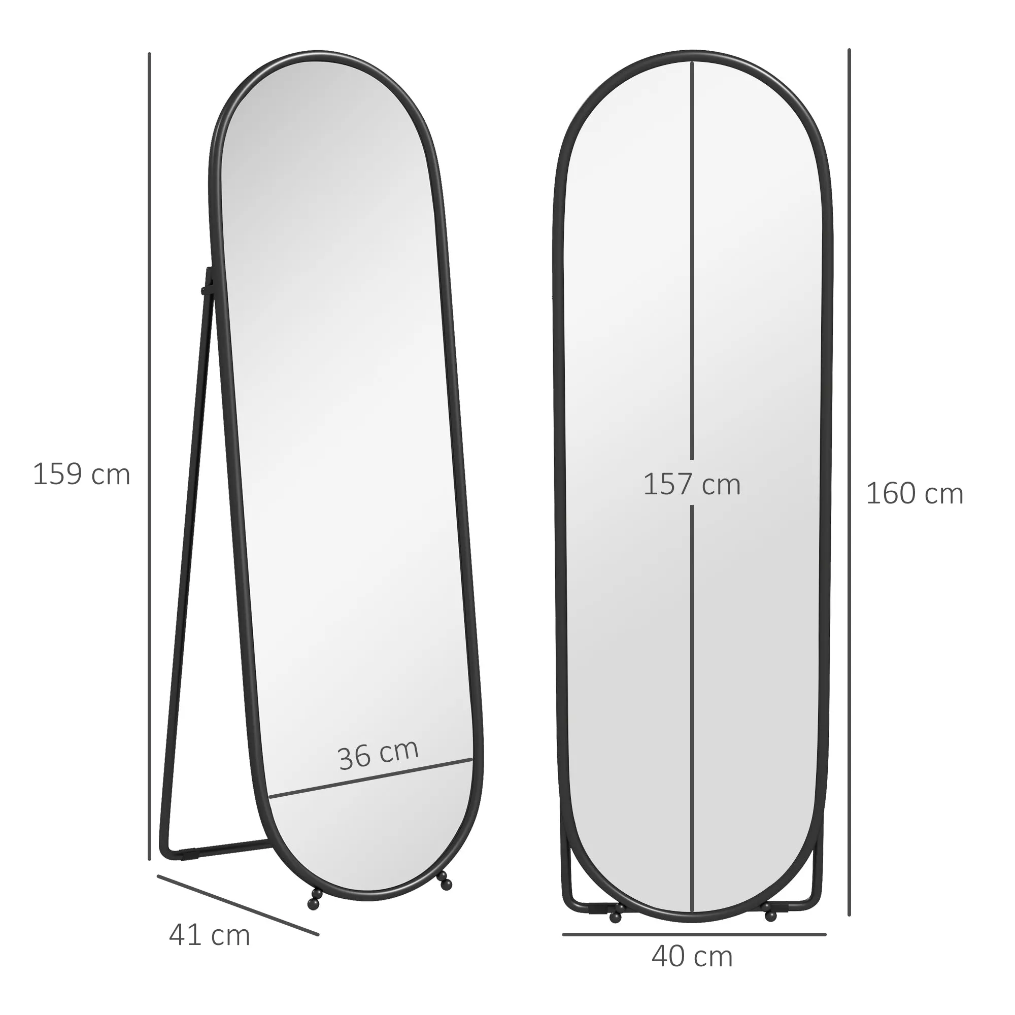 Full-Length Floor Mirror with Folding Stand, in Glass and Metal, 40x41x159 cm, Black - Image 3
