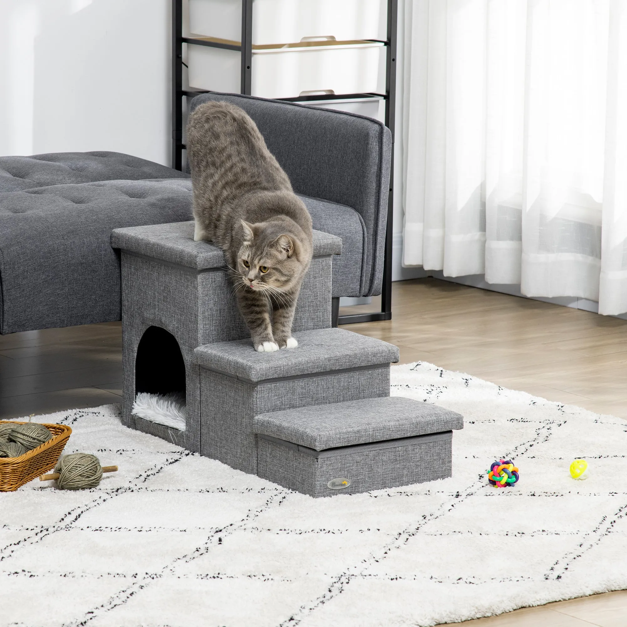 3-Step Dog and Cat Ladder 10kg max with Dog House and Storage Space, 73.5x33x40.5 cm, Grey - Image 2