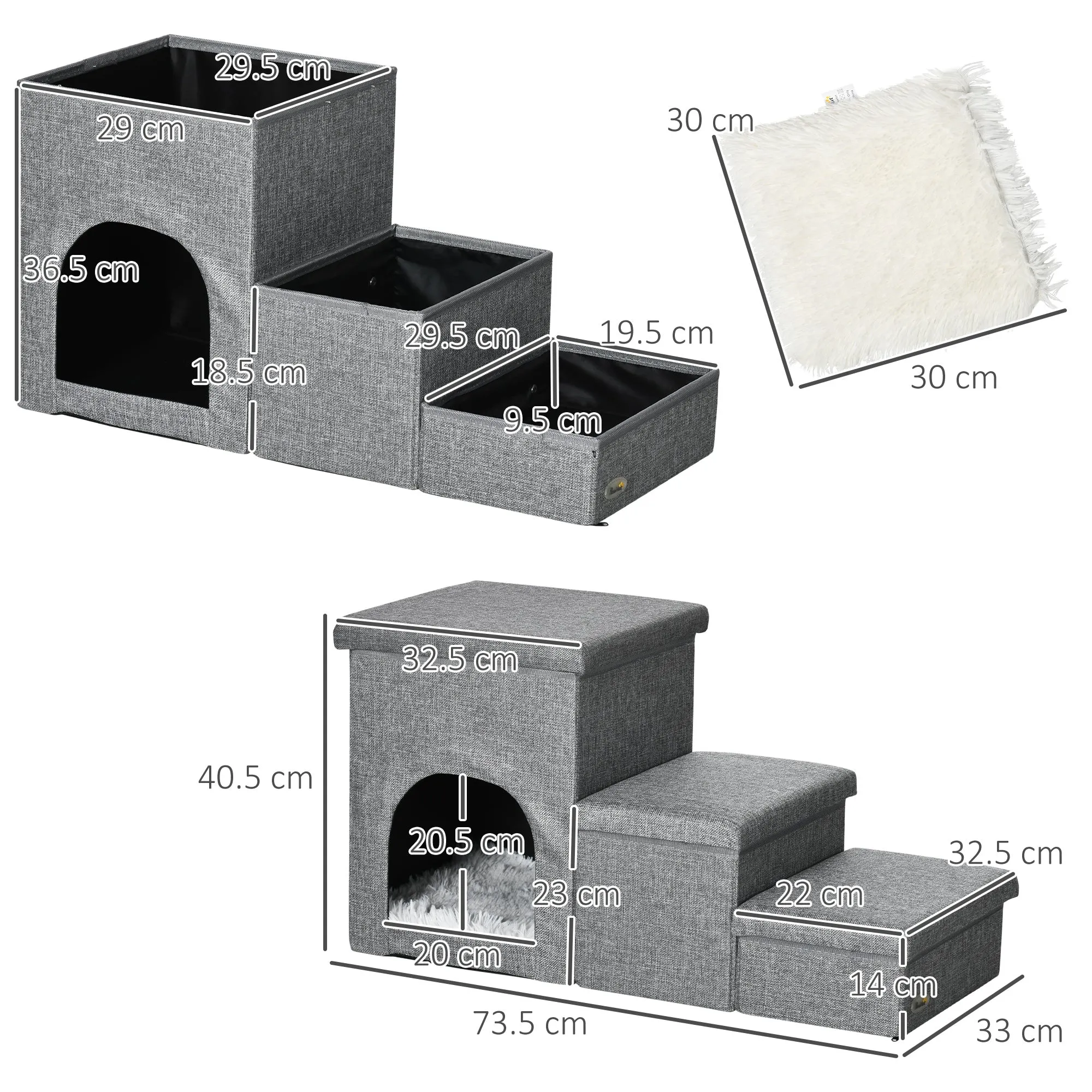 3-Step Dog and Cat Ladder 10kg max with Dog House and Storage Space, 73.5x33x40.5 cm, Grey - Image 3