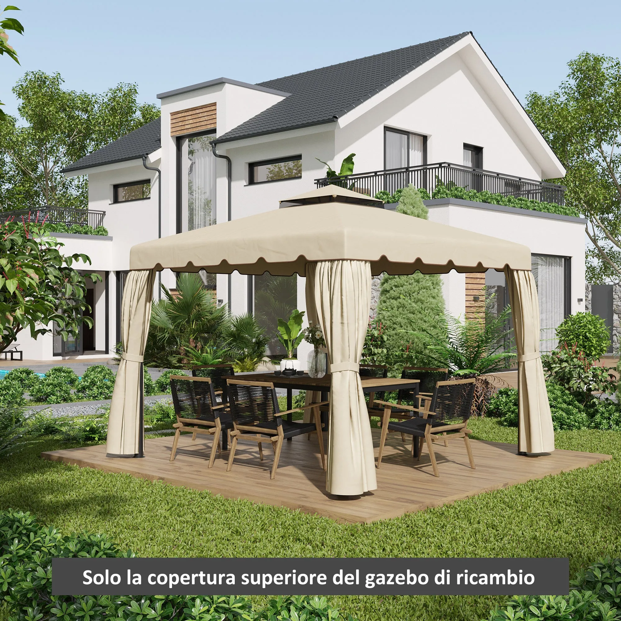 Replacement Canopy for Garden Gazebo 3x3m with 2-Tier Roof in Beige Polyester - Image 2