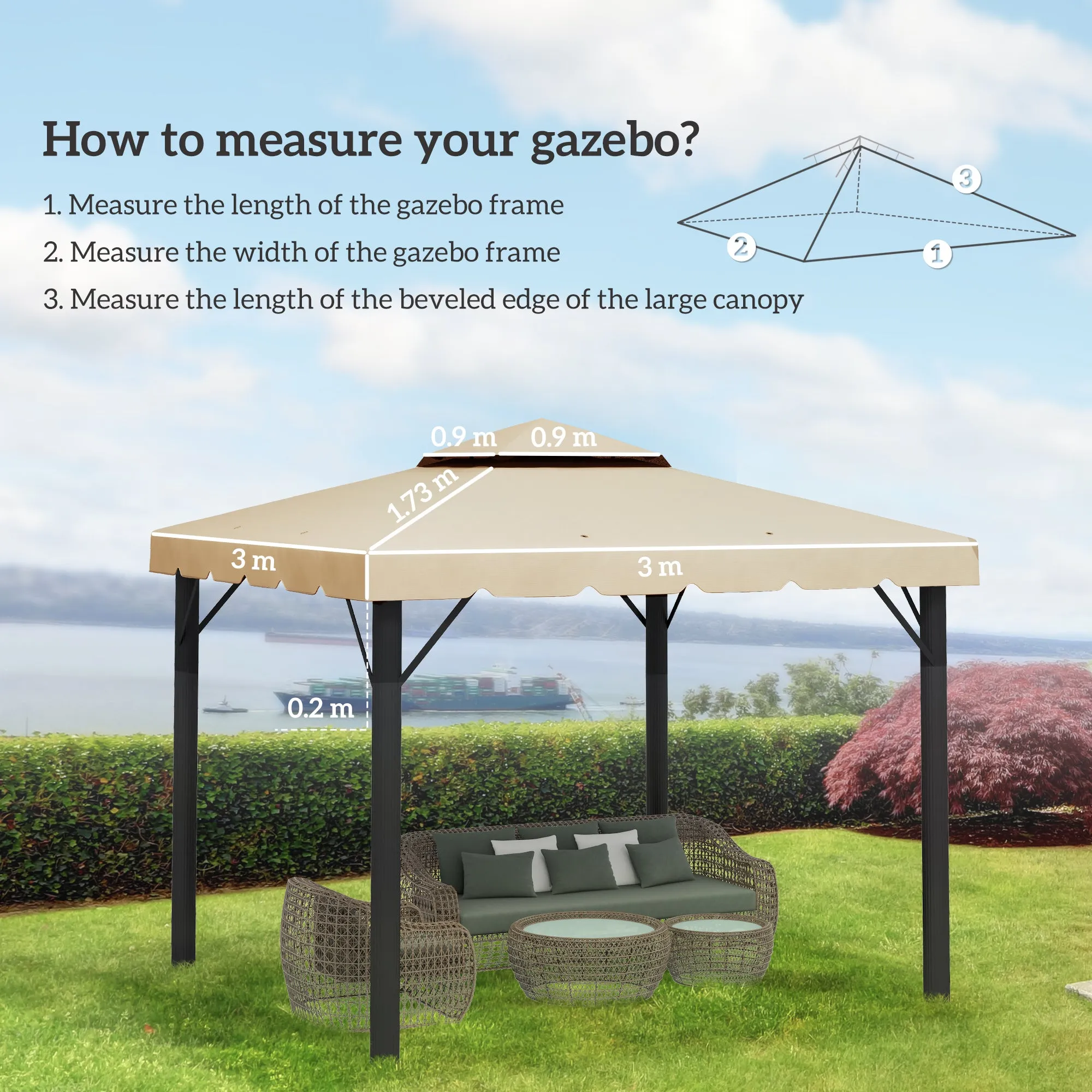 Replacement Canopy for Garden Gazebo 3x3m with 2-Tier Roof in Beige Polyester - Image 3