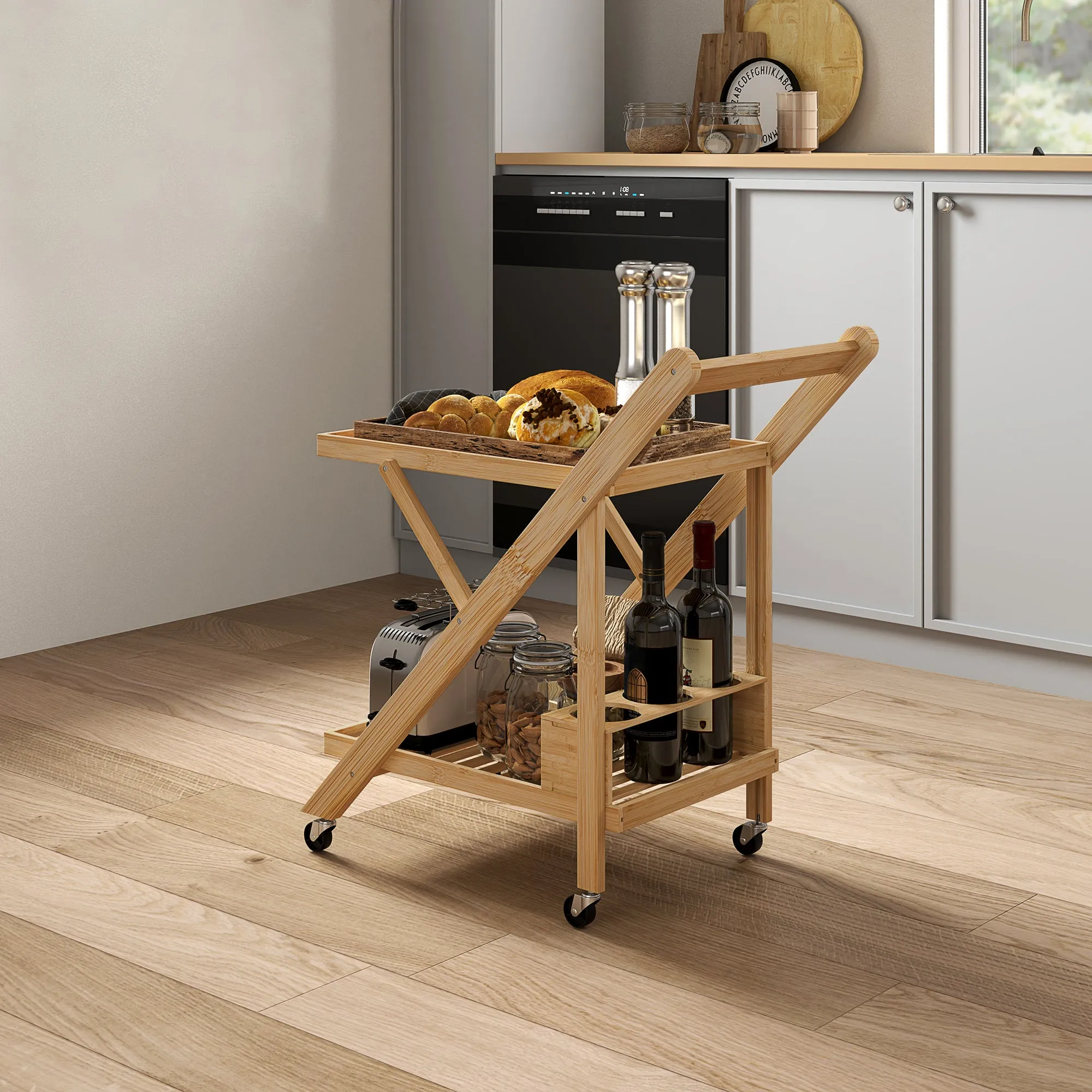 2-Tier Folding Kitchen Trolley with Bamboo Bottle Holder - Image 2