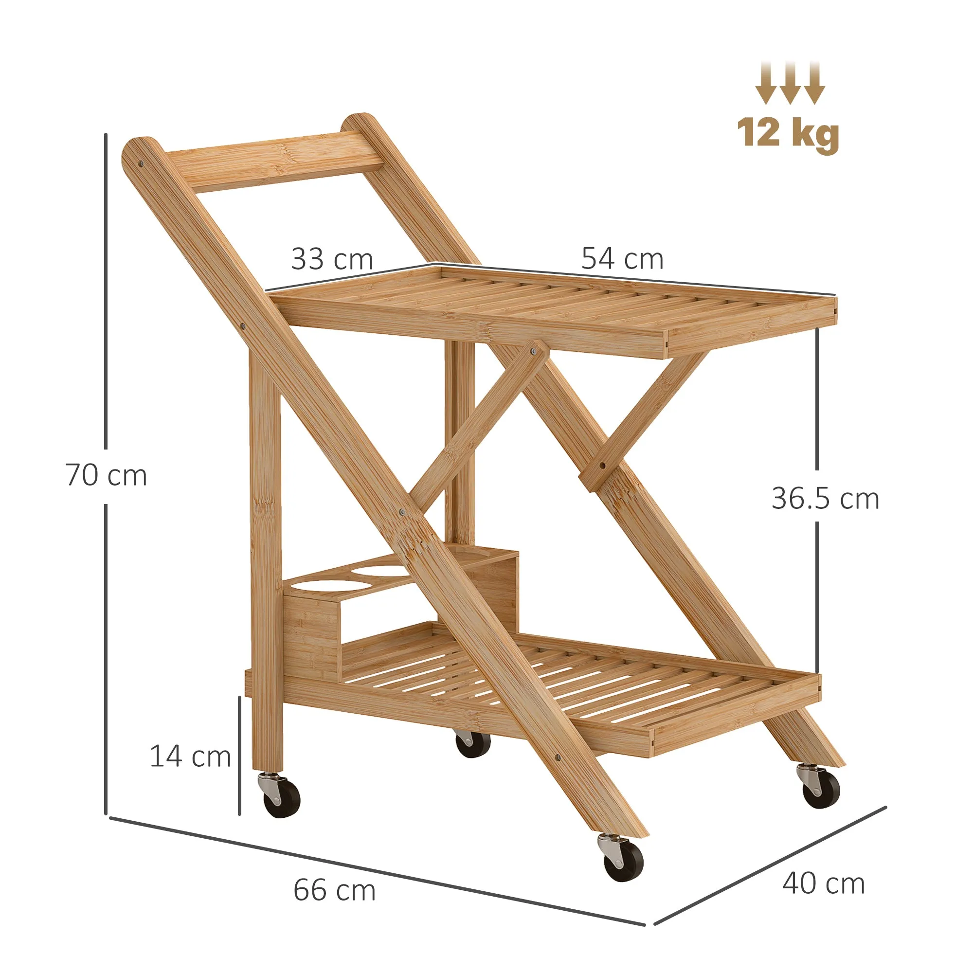 2-Tier Folding Kitchen Trolley with Bamboo Bottle Holder - Image 3