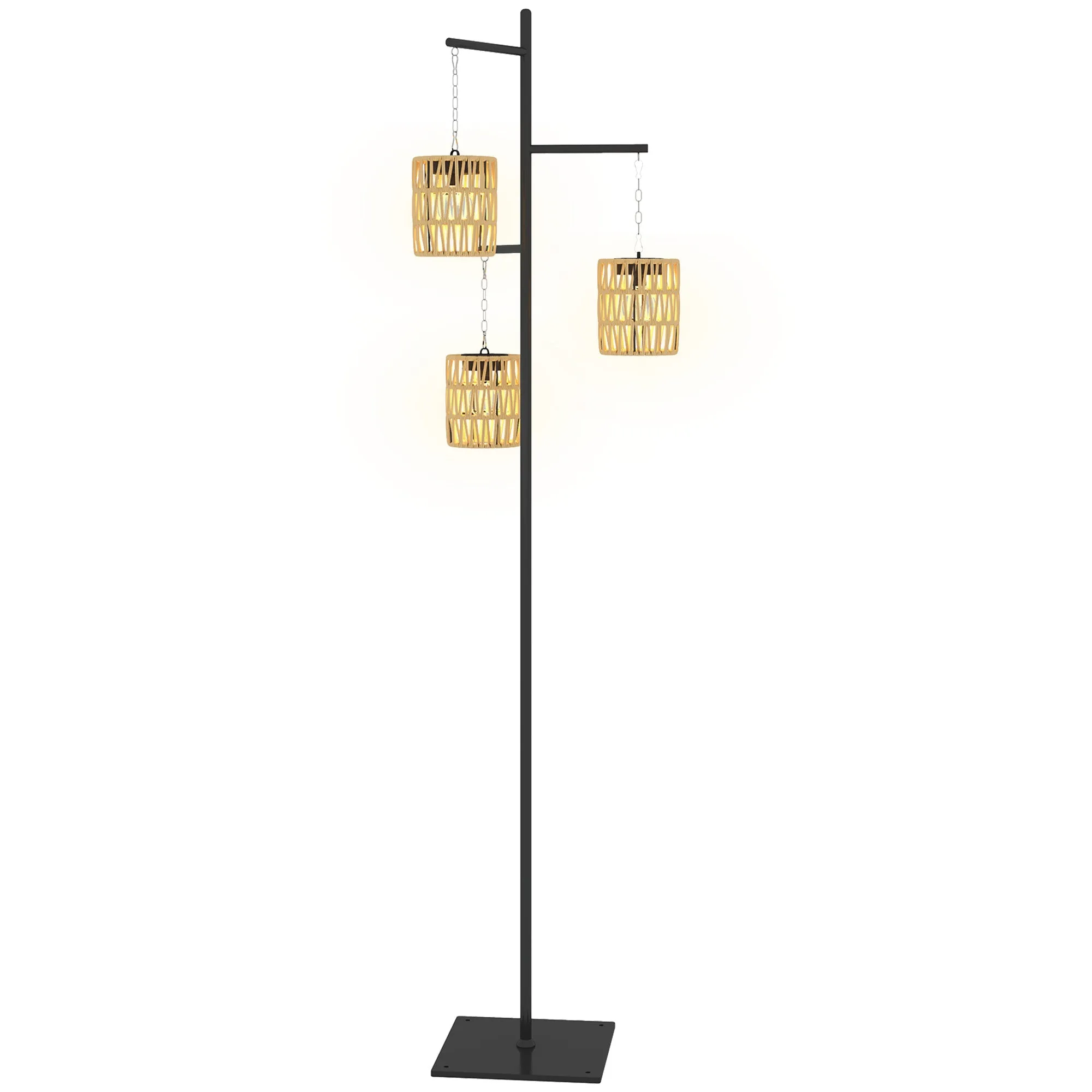 Boho Style Solar Outdoor Lamp with Square Base, PE Rattan and Steel, 45x45x178 cm, Black and Yellow
