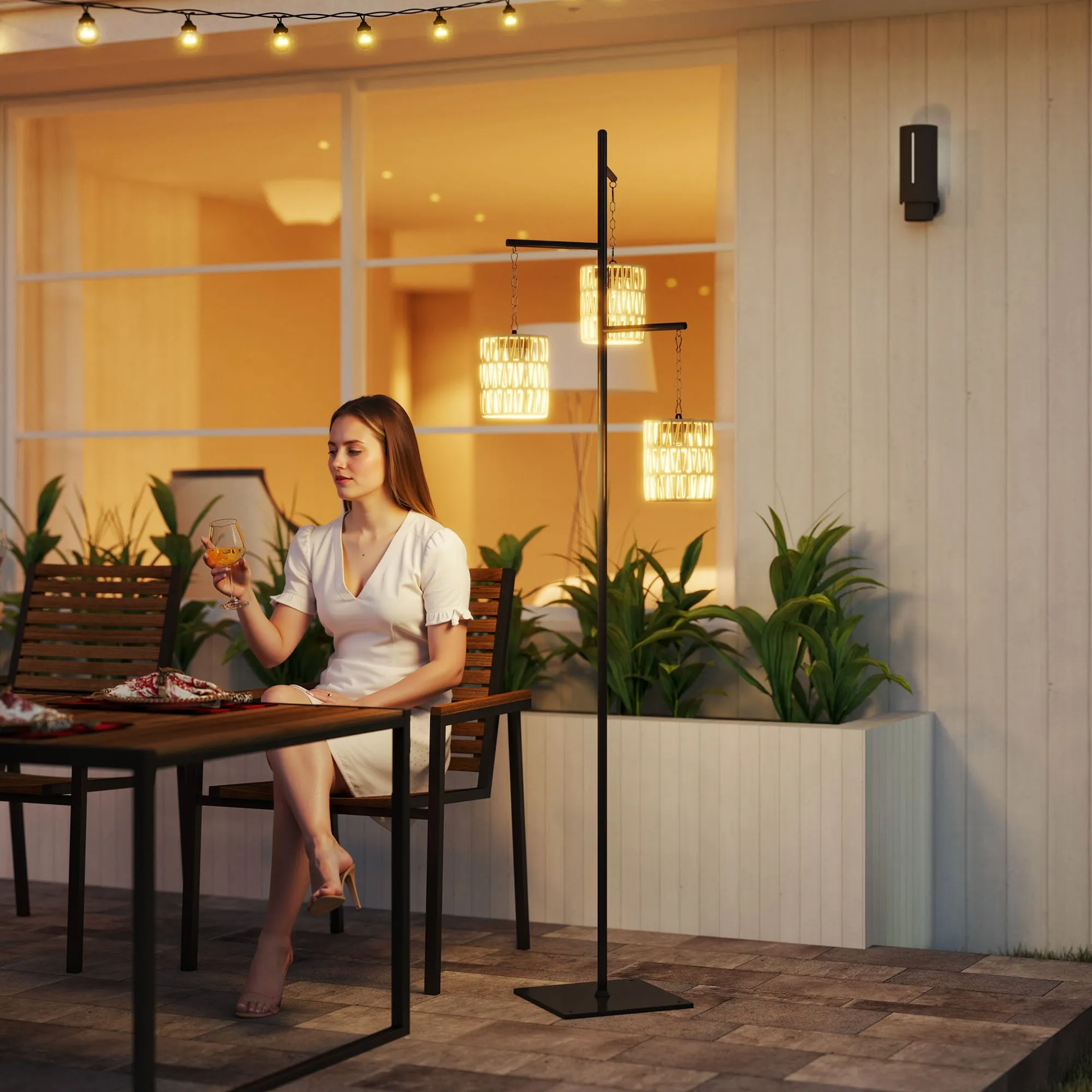 Boho Style Solar Outdoor Lamp with Square Base, PE Rattan and Steel, 45x45x178 cm, Black and Yellow - Image 2