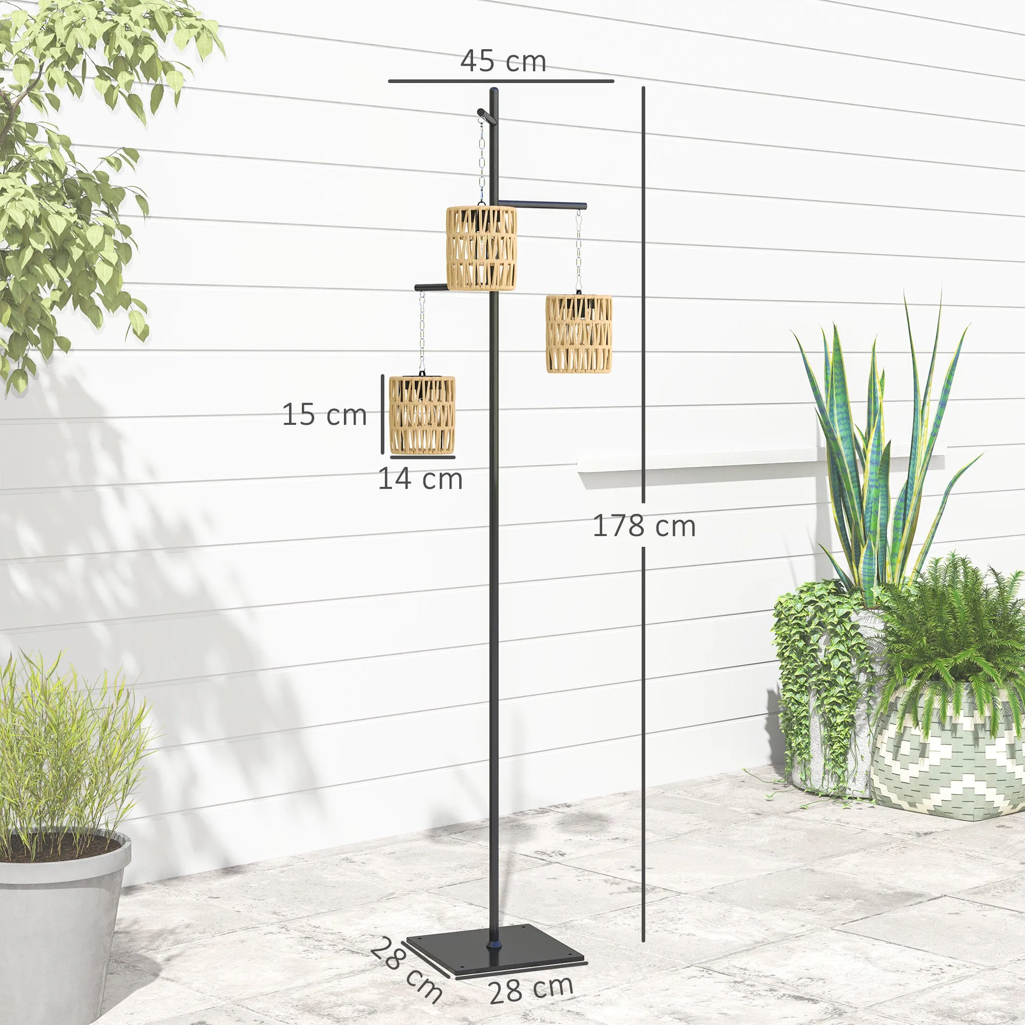 Boho Style Solar Outdoor Lamp with Square Base, PE Rattan and Steel, 45x45x178 cm, Black and Yellow - Image 3