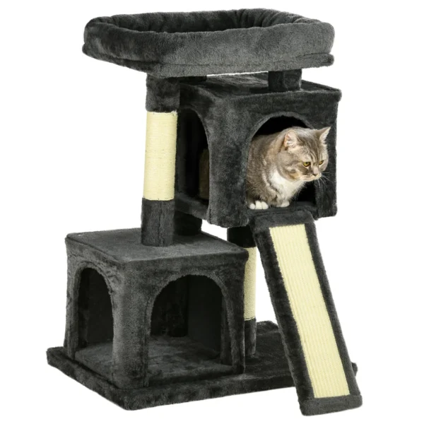 Scratching Tree for Cats with Sisal Poles, Bed and 2 Houses, 59x39x83cm, Dark Gray