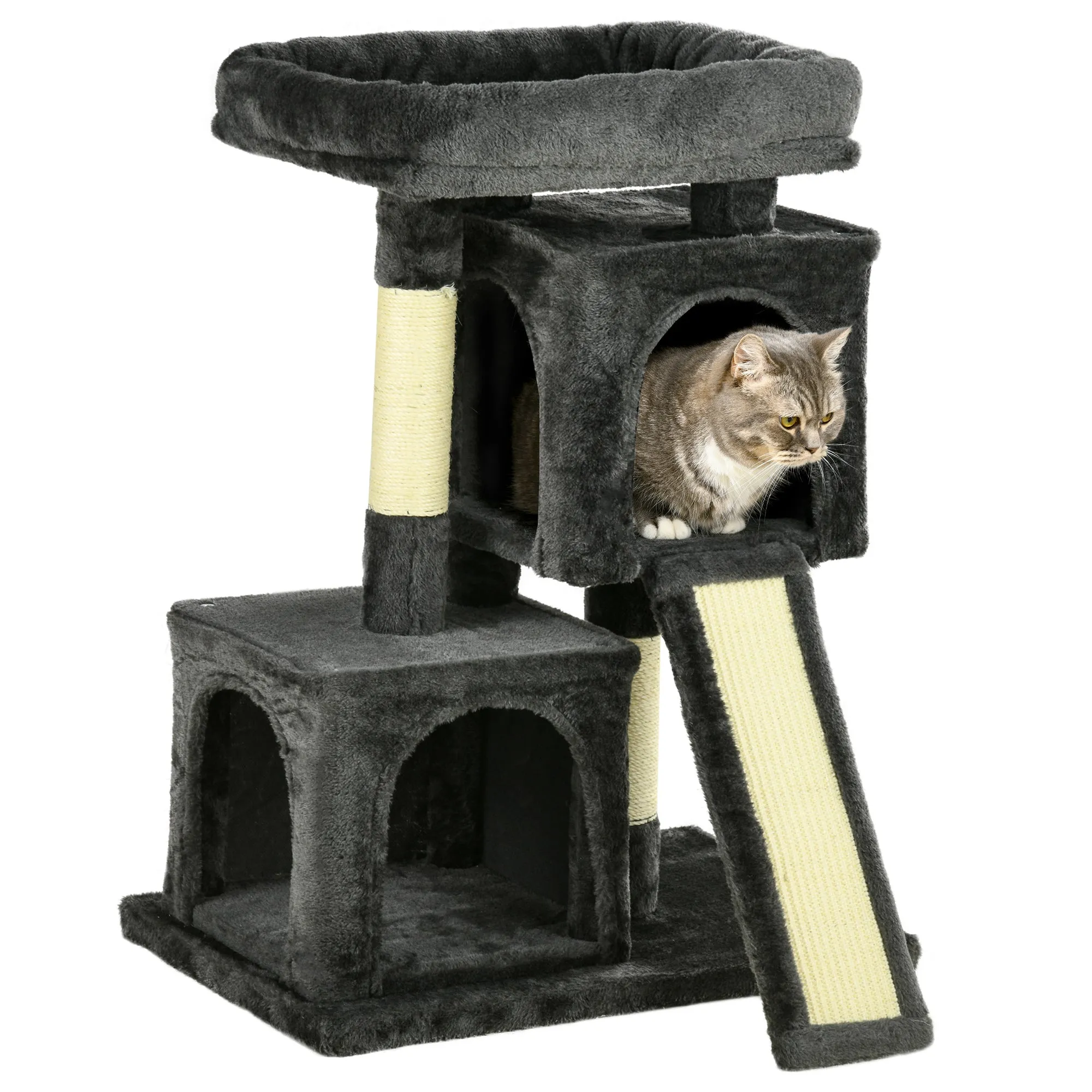 Scratching Tree for Cats with Sisal Poles, Bed and 2 Houses, 59x39x83cm, Dark Gray