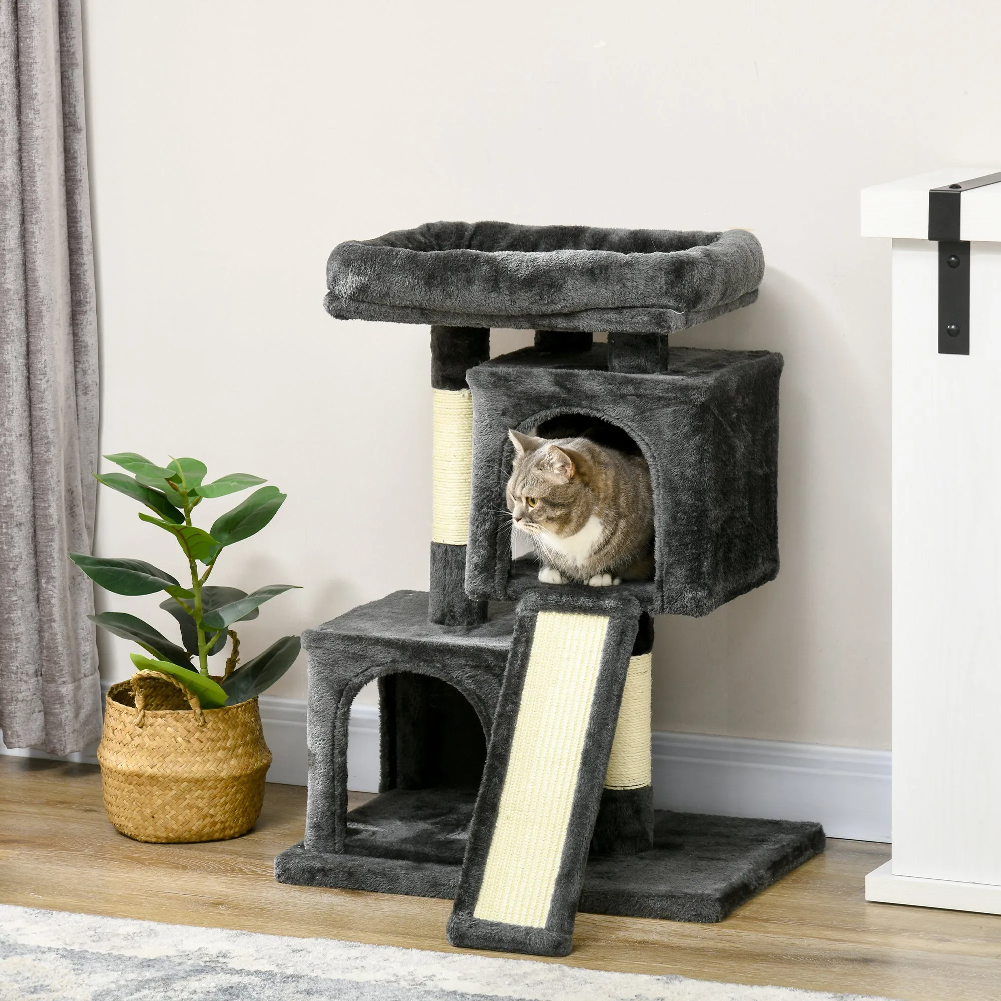 Scratching Tree for Cats with Sisal Poles, Bed and 2 Houses, 59x39x83cm, Dark Gray - Image 2