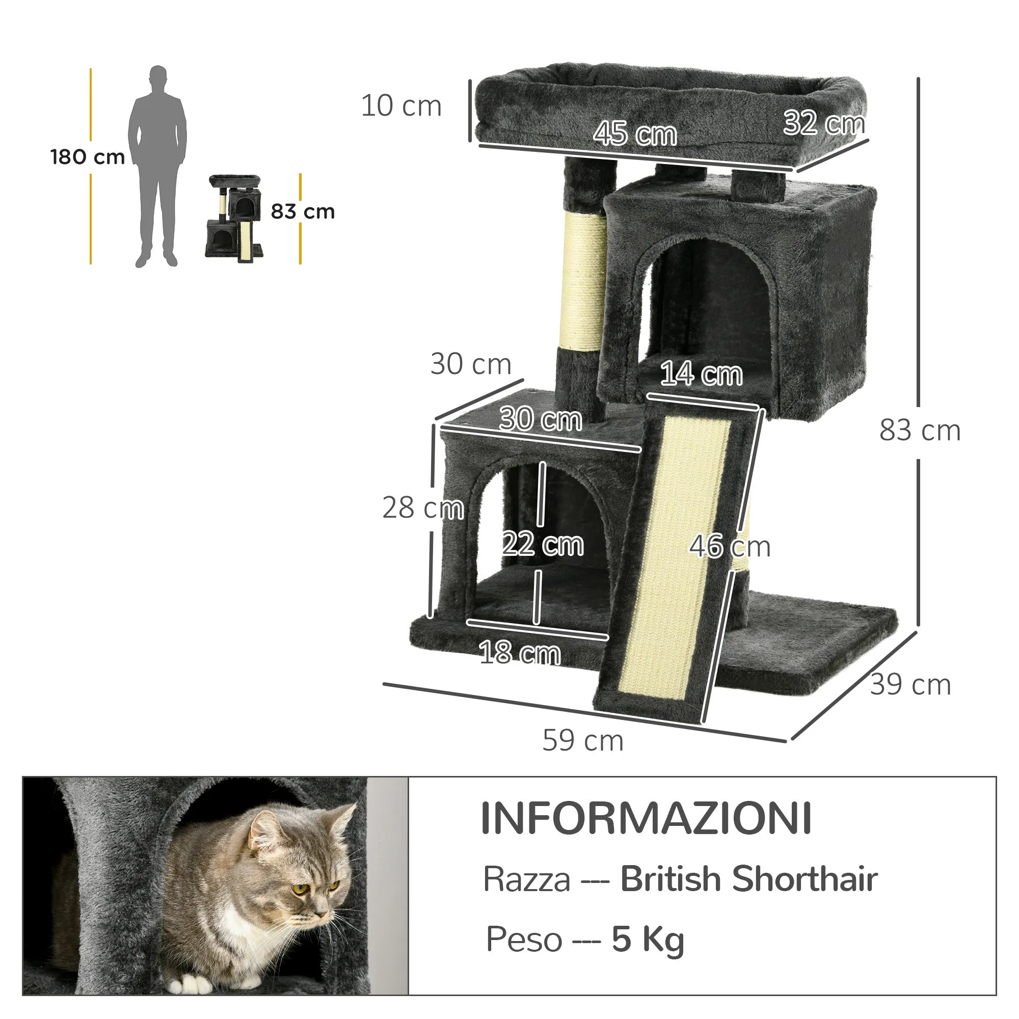 Scratching Tree for Cats with Sisal Poles, Bed and 2 Houses, 59x39x83cm, Dark Gray - Image 3