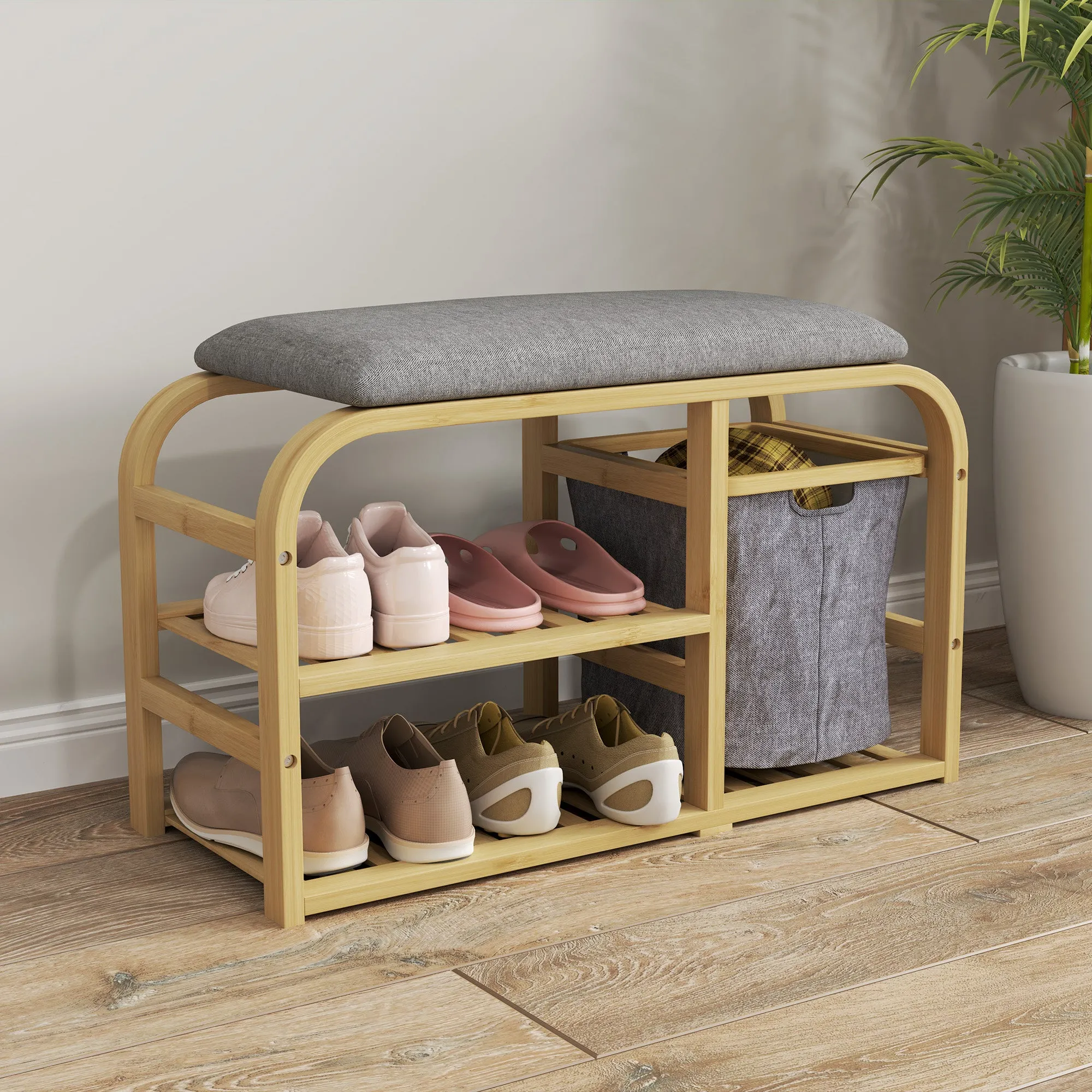 Entrance Shoe Rack Bench with Padded Seat, Slatted Design and Removable Basket, 70x30x45 cm, Wood - Image 2