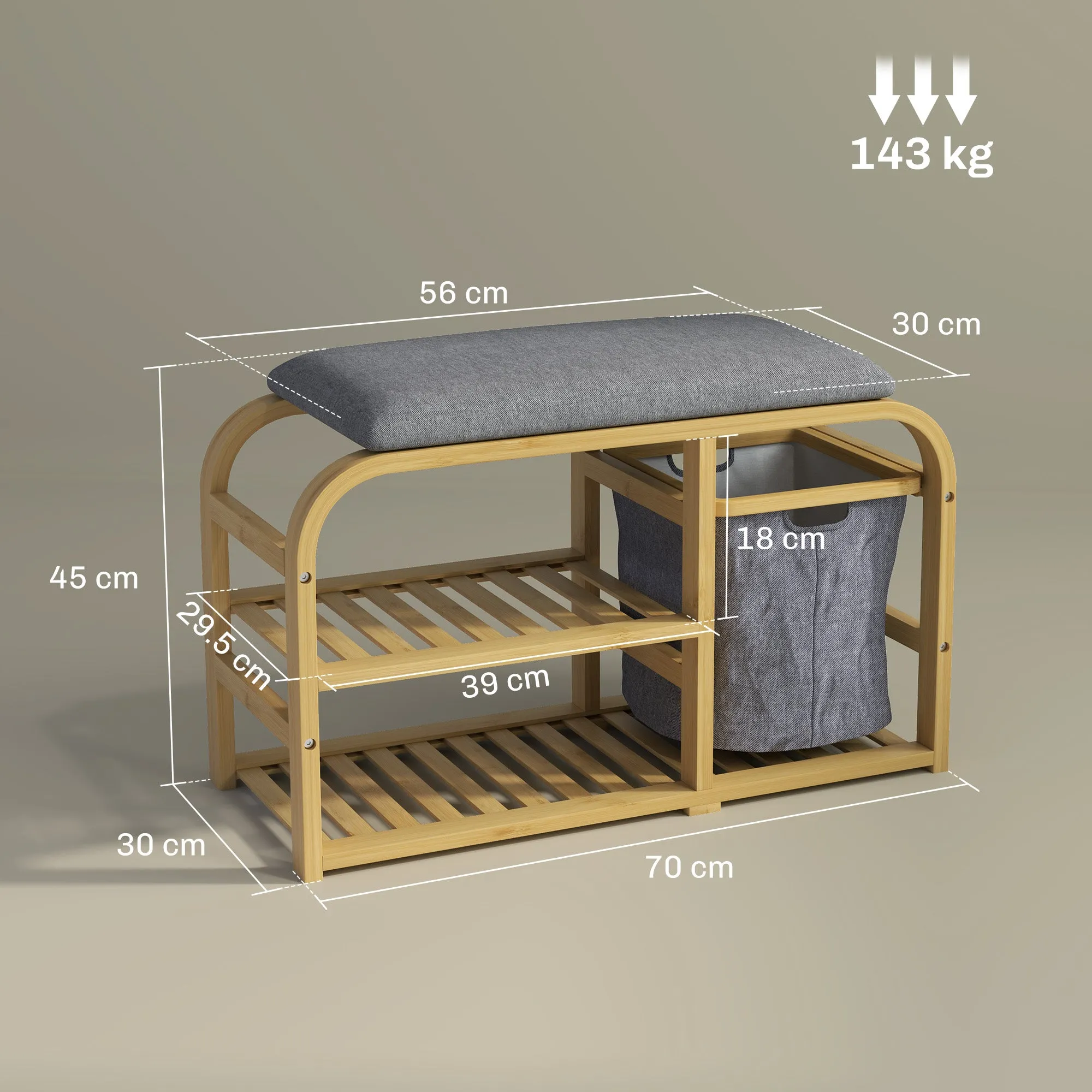 Entrance Shoe Rack Bench with Padded Seat, Slatted Design and Removable Basket, 70x30x45 cm, Wood - Image 3
