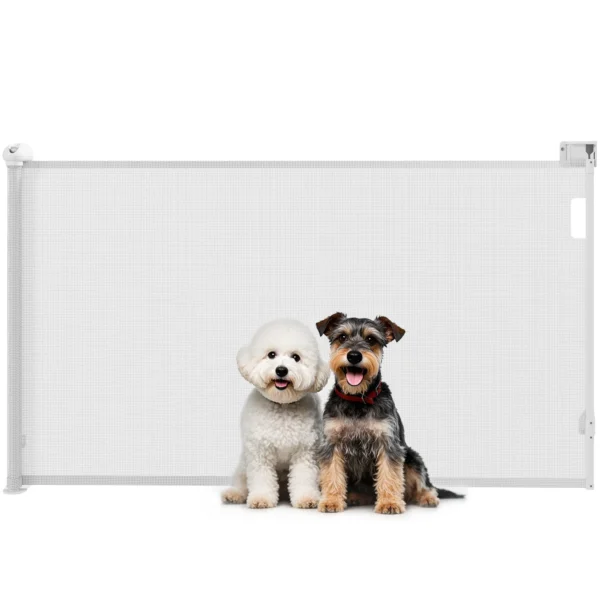 Gate for Small Dogs Extendable 0-144 cm and Retractable with Automatic Lock, White