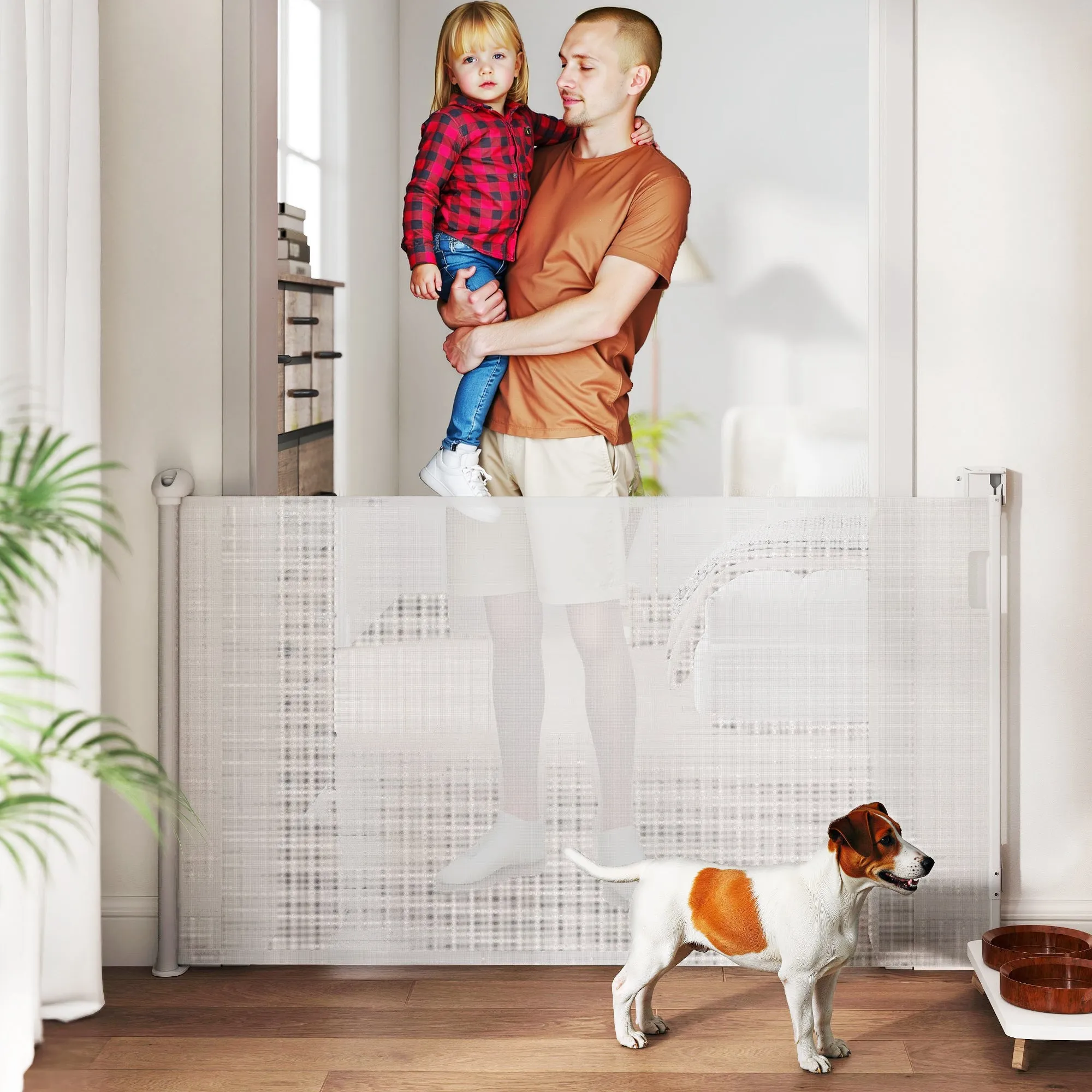 Gate for Small Dogs Extendable 0-144 cm and Retractable with Automatic Lock, White - Image 2