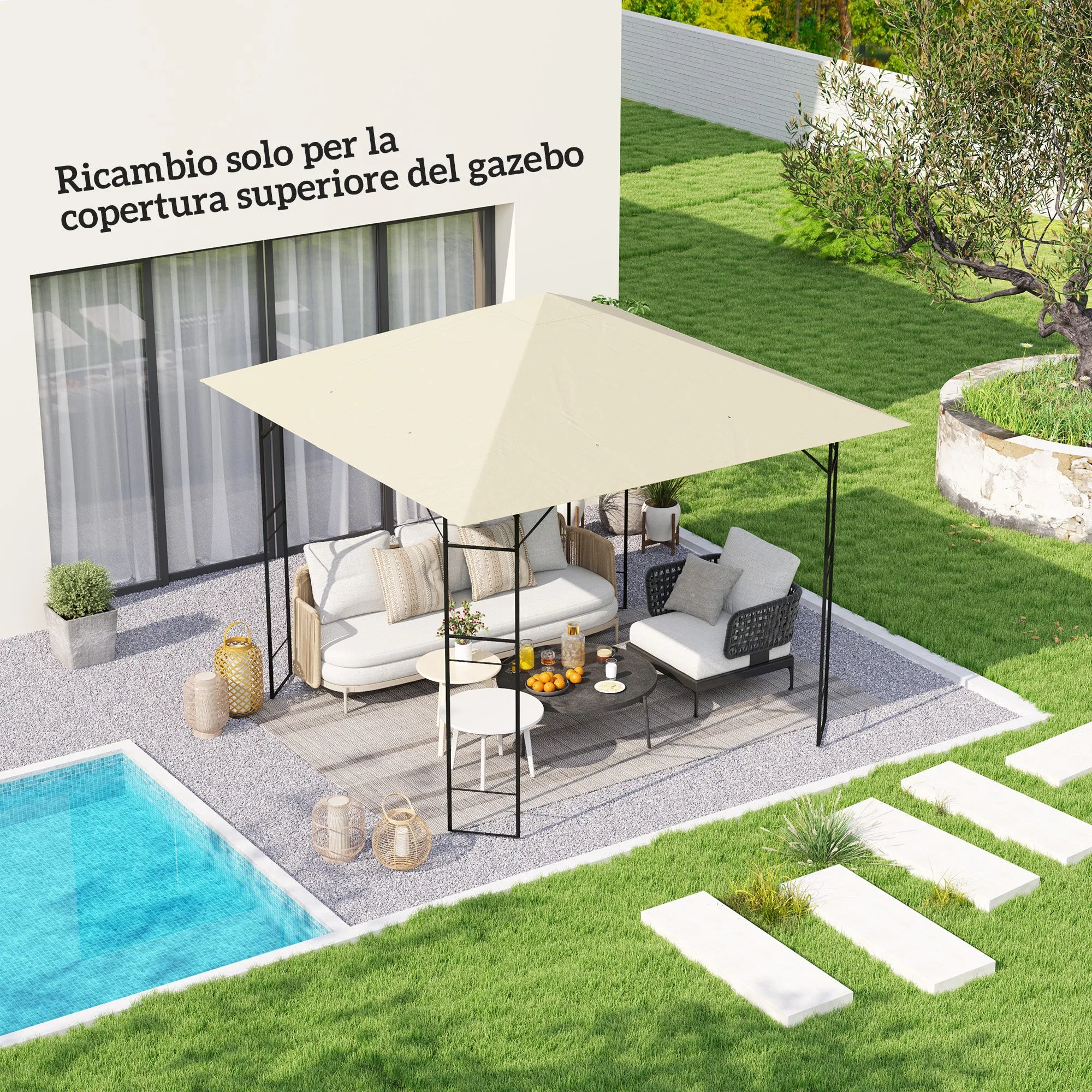 3x3m Garden Gazebo Cover with 8 Drainage Holes, 600D Oxford Fabric, Cream White ( COVER ONLY) - Image 2