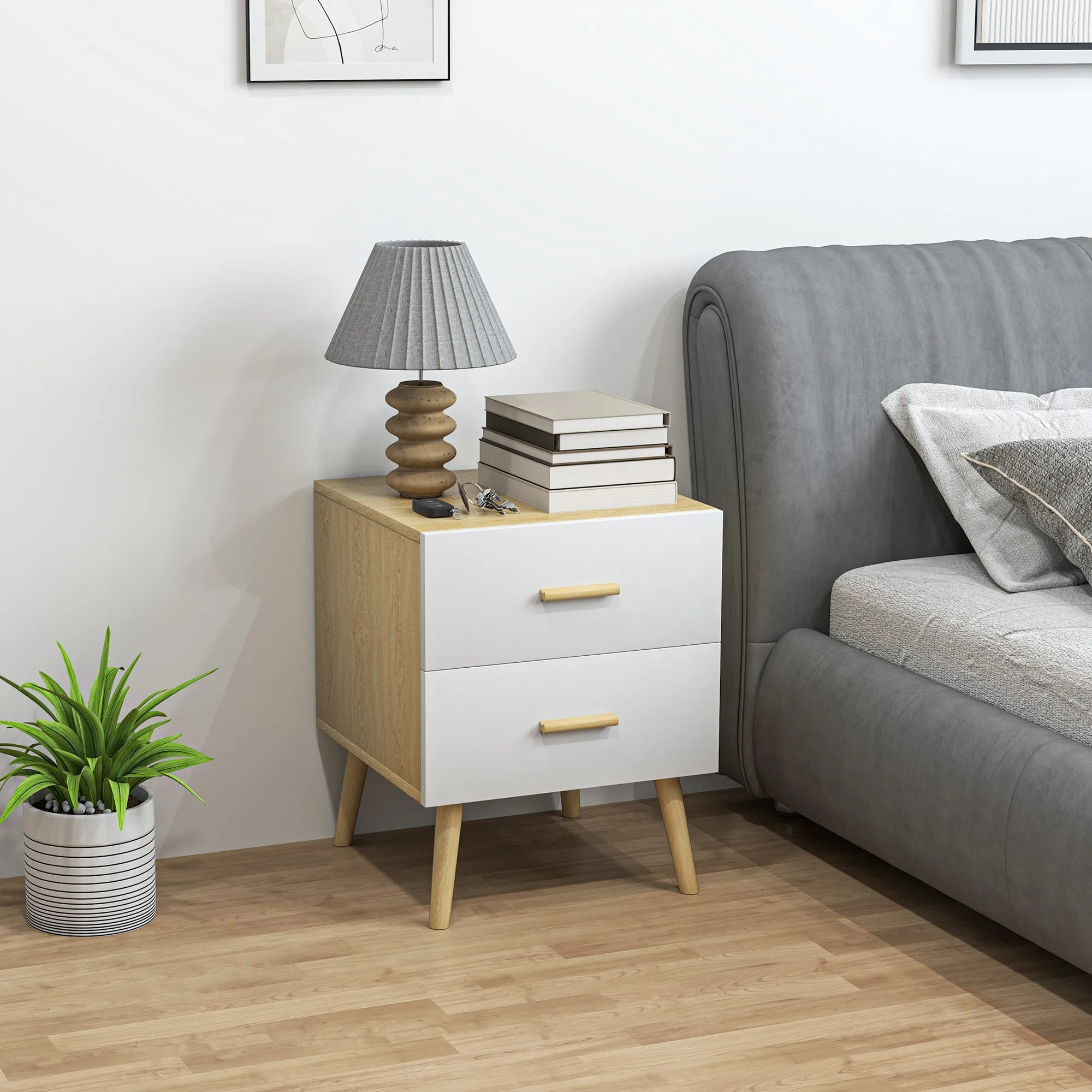Scandinavian Style Wooden Bedside Table with 2 Drawers, 40x40x50 cm, Oak - Image 2