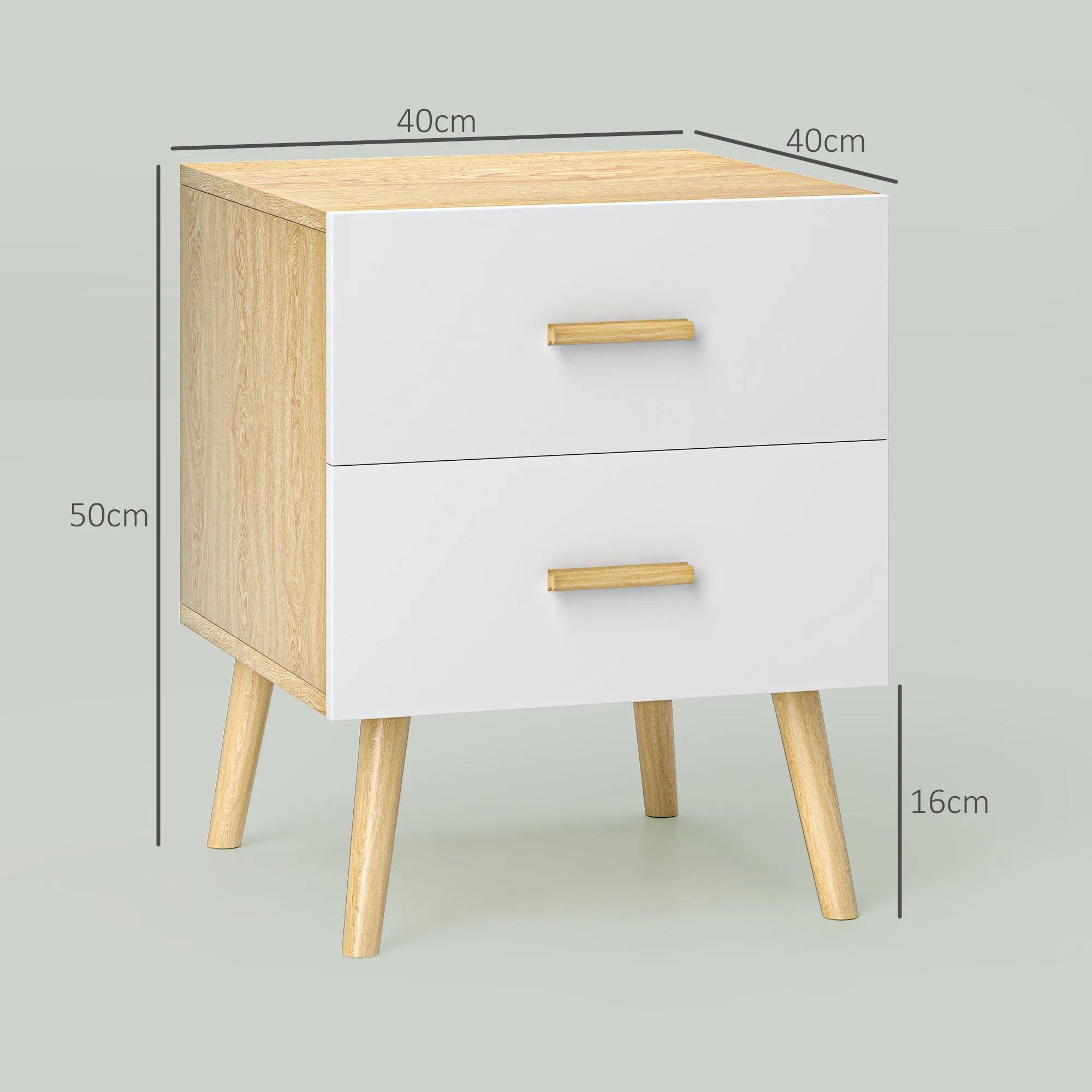 Scandinavian Style Wooden Bedside Table with 2 Drawers, 40x40x50 cm, Oak - Image 3