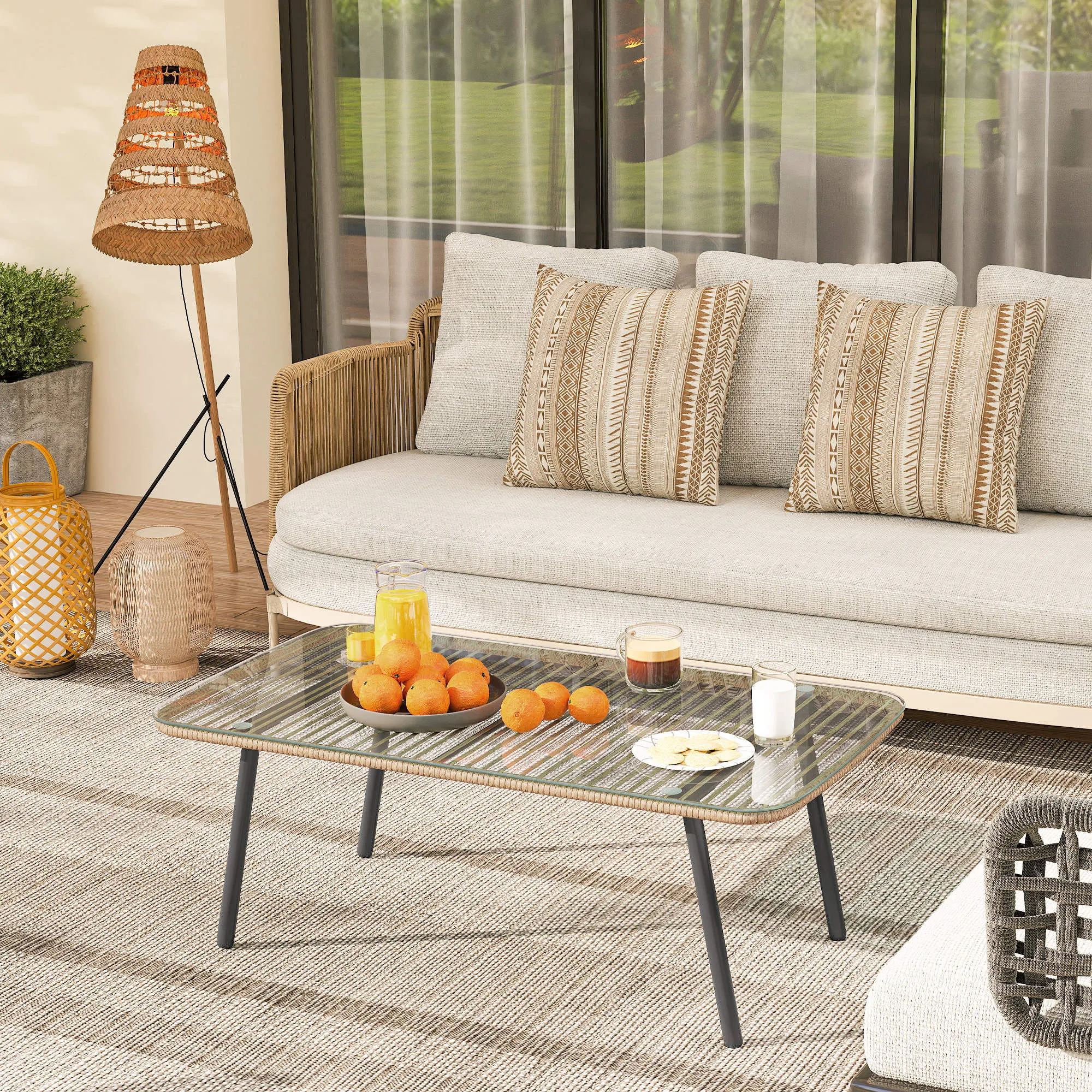 PE Rattan Garden Table with Glass and Steel Top, 110x60x40 cm, Natural Wood - Image 2