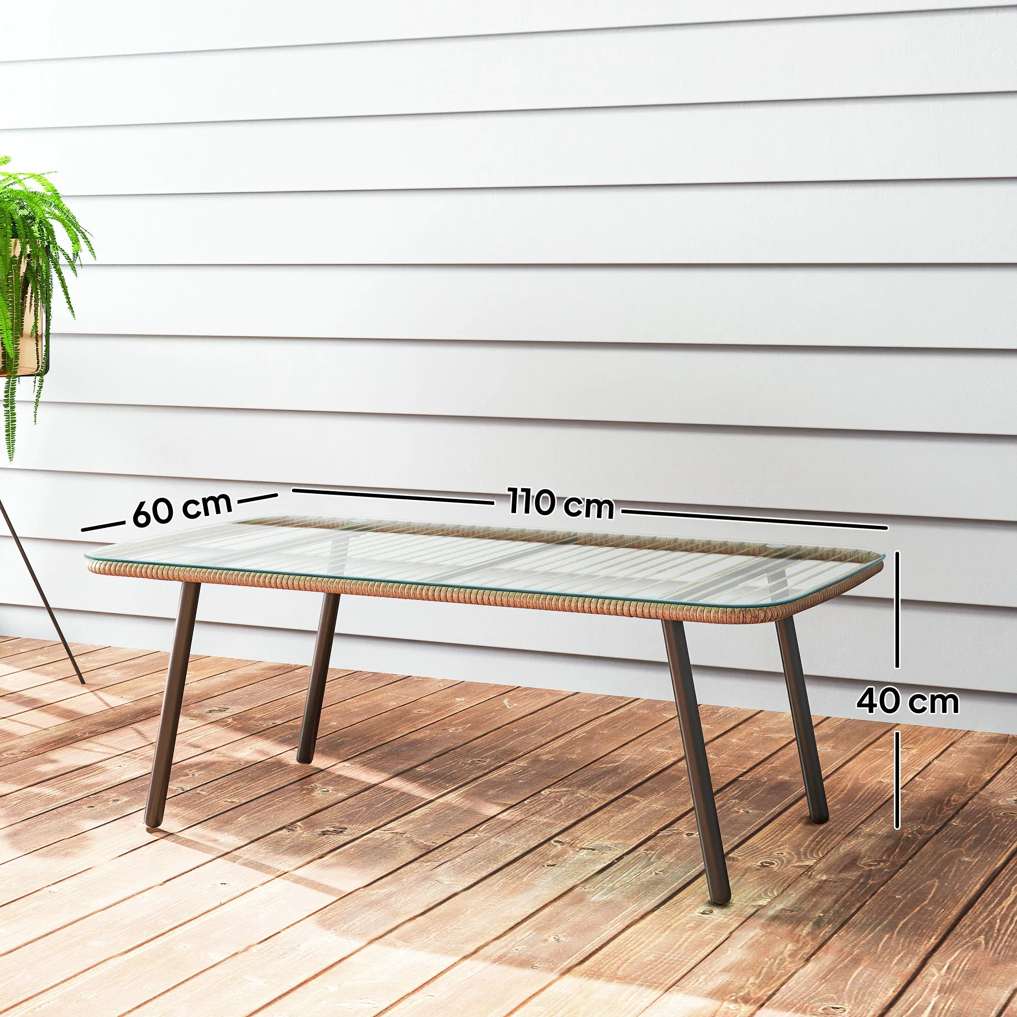 PE Rattan Garden Table with Glass and Steel Top, 110x60x40 cm, Natural Wood - Image 3