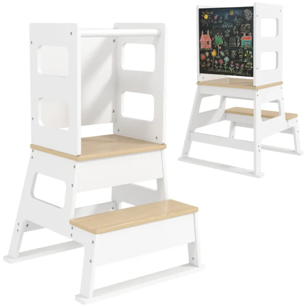 Montessori Tower for Children with Blackboard and Railing, Wooden, 55x52.5x87.5 cm, White and Wood color