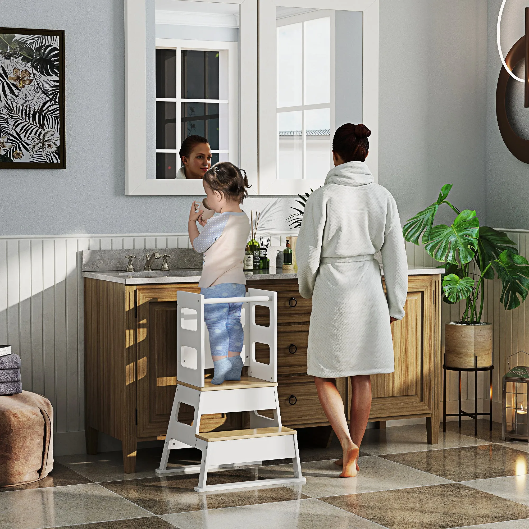Montessori Tower for Children with Blackboard and Railing, Wooden, 55x52.5x87.5 cm, White and Wood color - Image 2