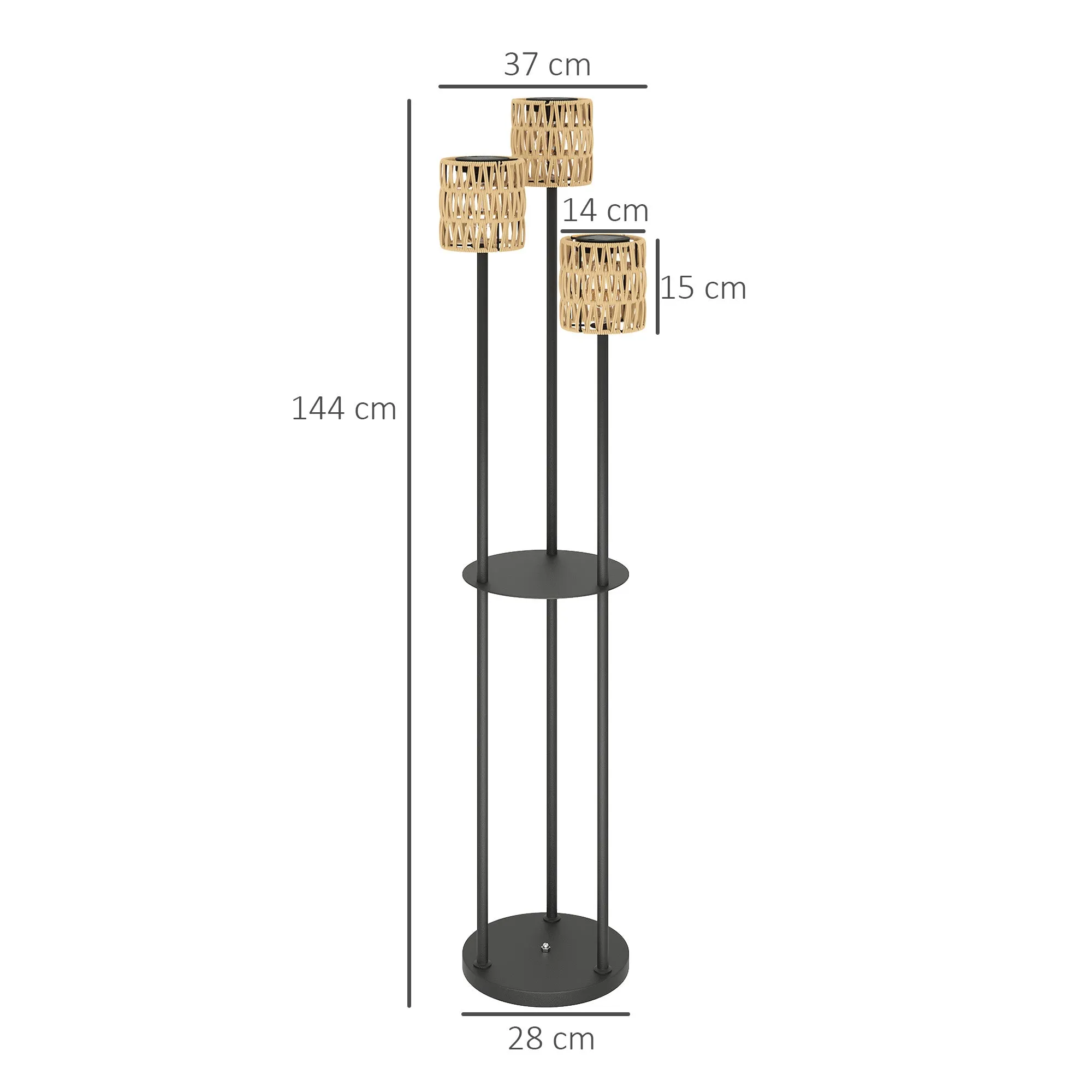 Solar Outdoor Lamp in Boho Style with Central Shelf, in PE Rattan and Steel, Ø37x144 cm, Black and Yellow - Image 3