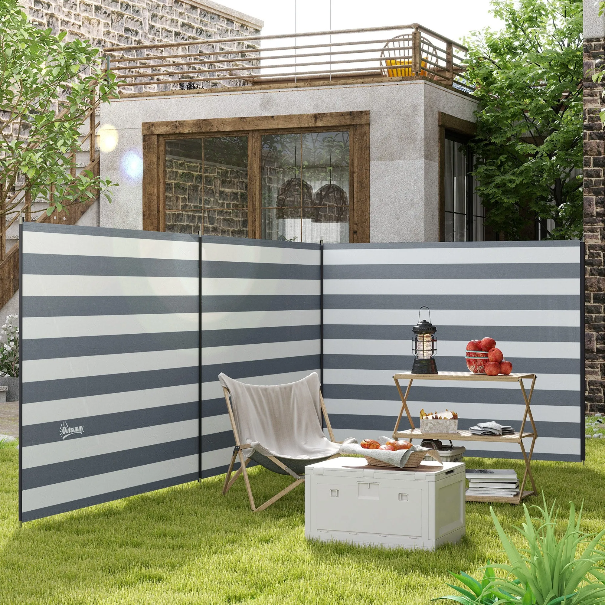 Folding Beach Screen Privacy Screen in Polyester with Steel Bars, 540x150 cm, Grey - Image 2