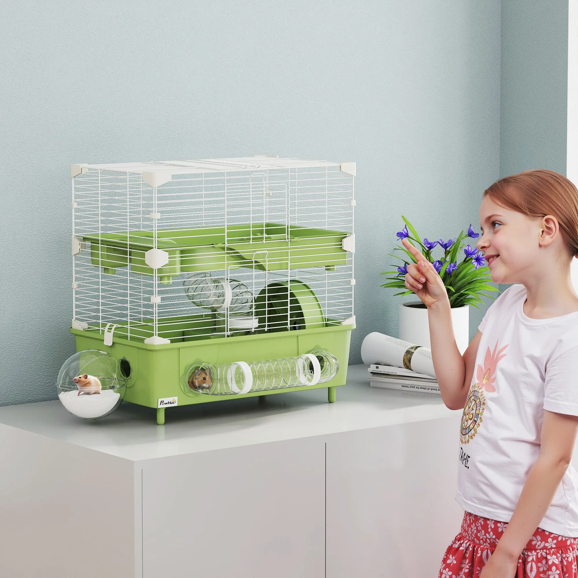 2-Tier 3-Door Hamster Cage with Wheel and Tubes, Steel, PS and PP, 44.5x28x44 cm, Green and White - Image 2