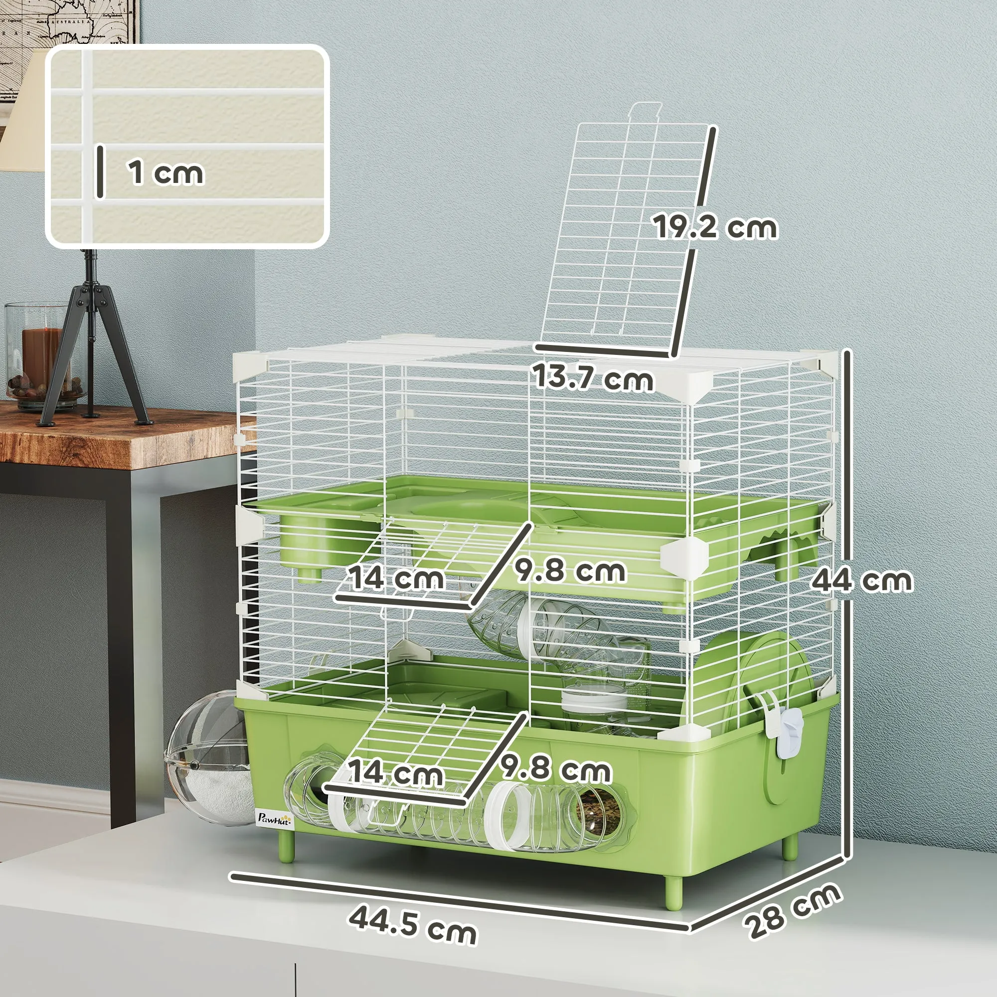 2-Tier 3-Door Hamster Cage with Wheel and Tubes, Steel, PS and PP, 44.5x28x44 cm, Green and White - Image 3