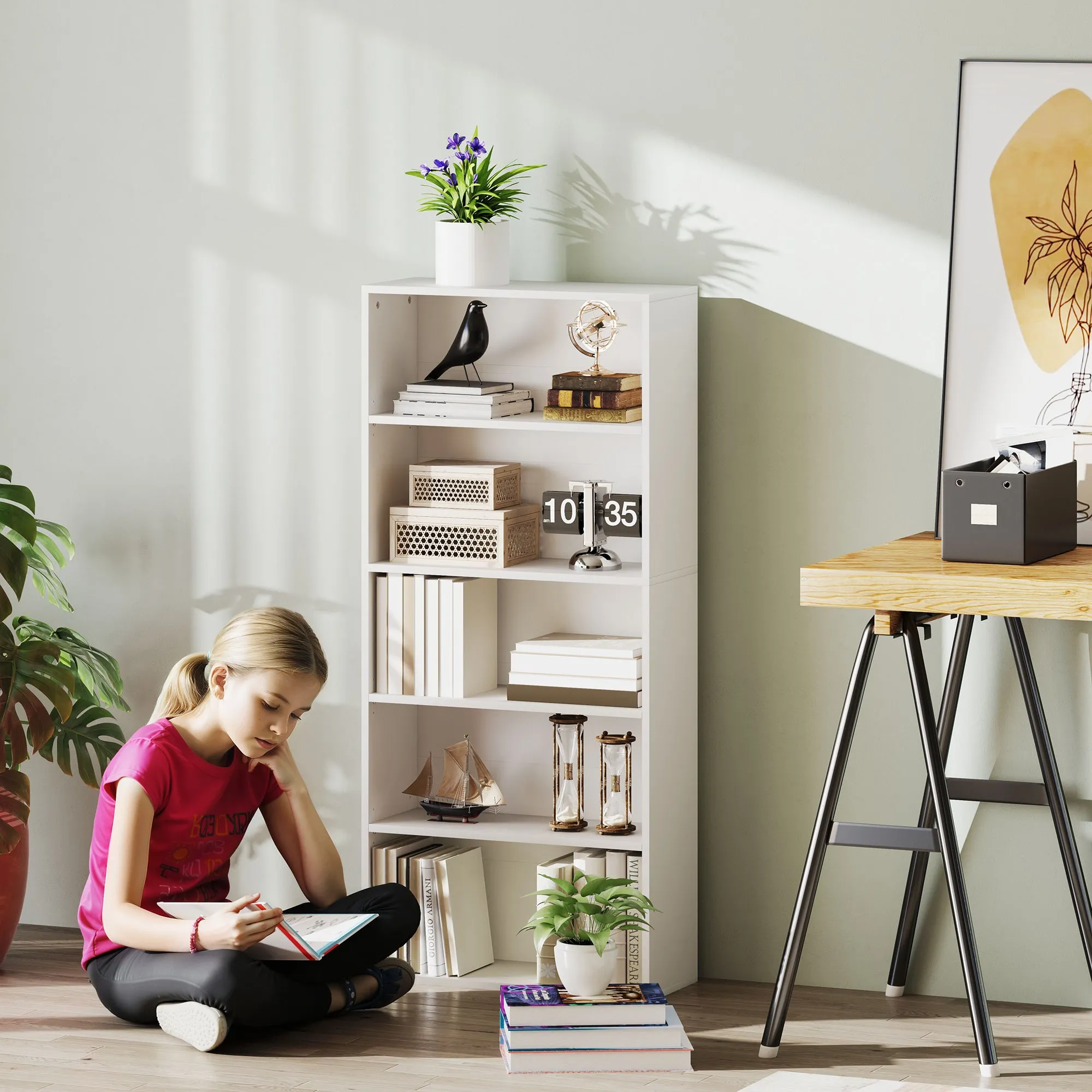 5-Shelf Bookcase Cabinet with 3 Flexible Shelves, in Wood, 60x24x133.5 cm, White - Image 2