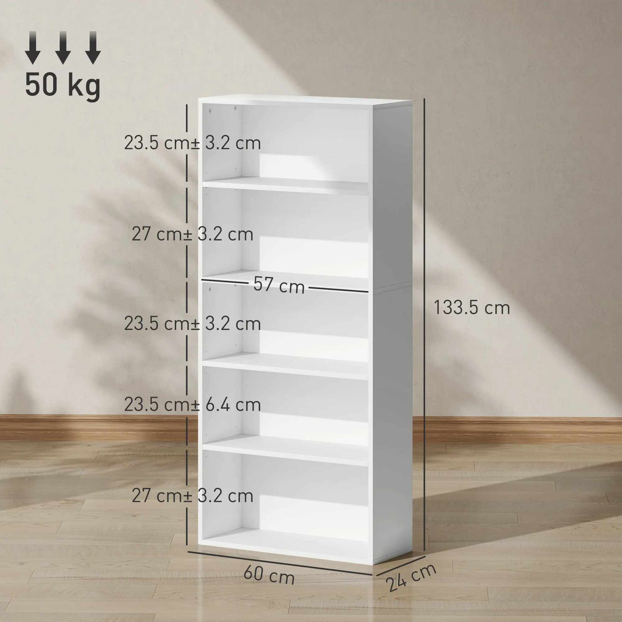 5-Shelf Bookcase Cabinet with 3 Flexible Shelves, in Wood, 60x24x133.5 cm, White - Image 3
