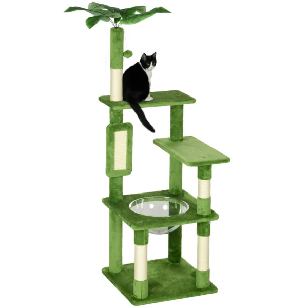 Multi-Level Cat Tree with Hammock, Scratching Post, Ball and Decorative Leaves, 49x49x142 cm, Green