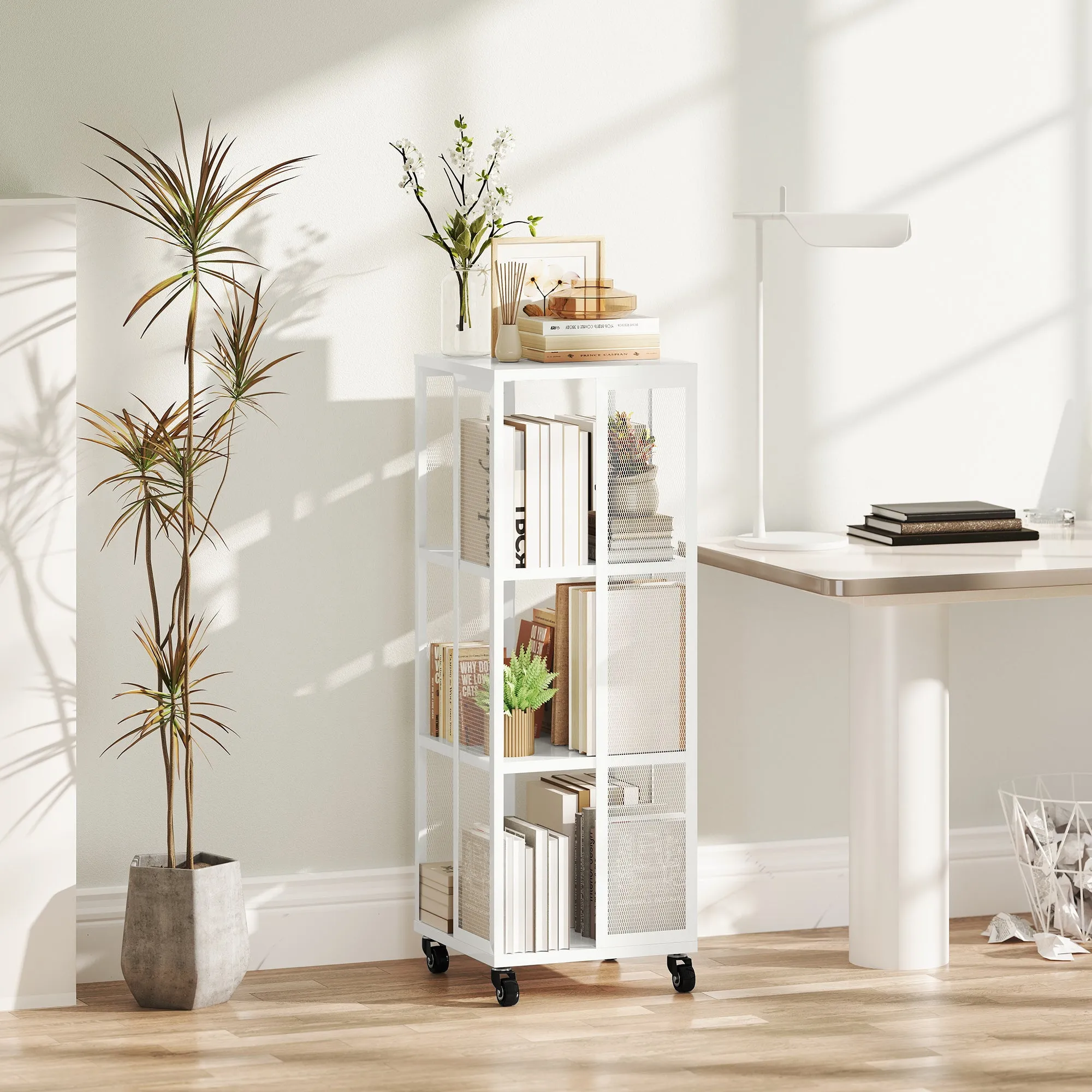 Modern 3-Tier Metal Mesh Bookcase with Wheels, 35x35x99cm, White - Image 2