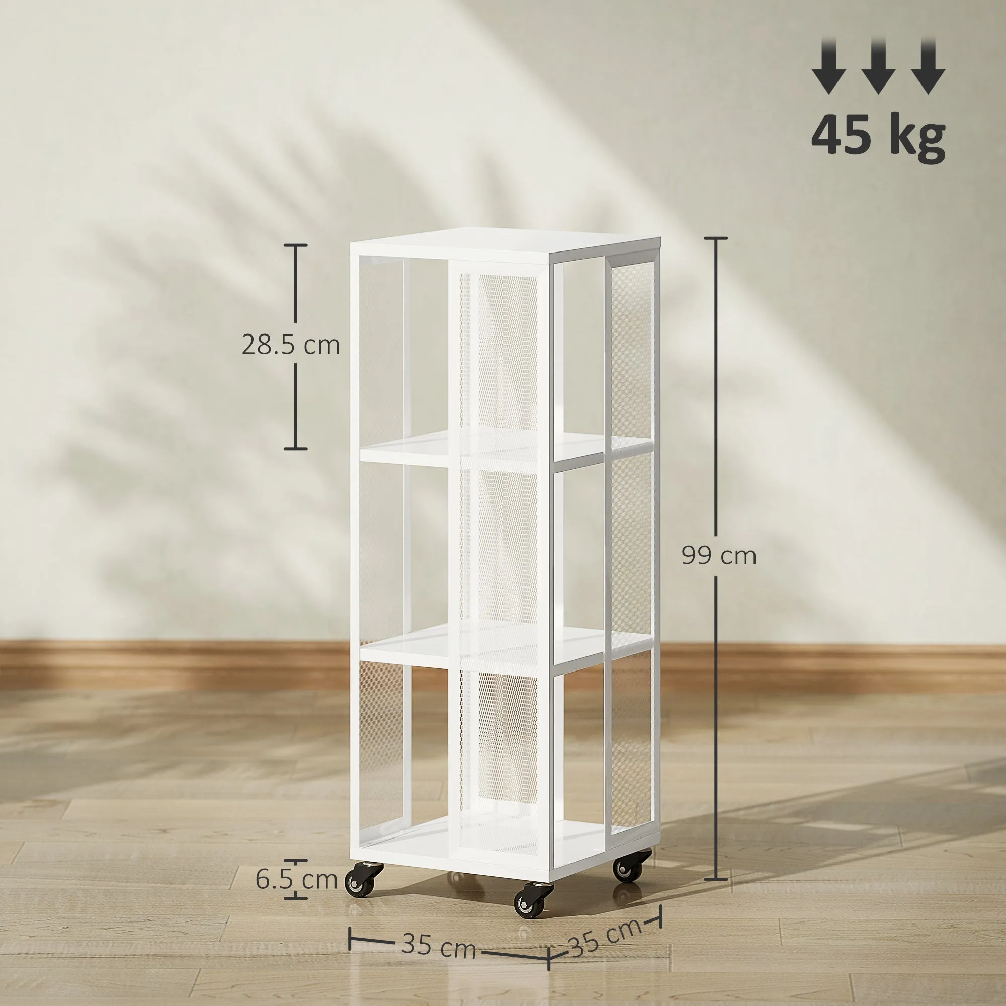 Modern 3-Tier Metal Mesh Bookcase with Wheels, 35x35x99cm, White - Image 3