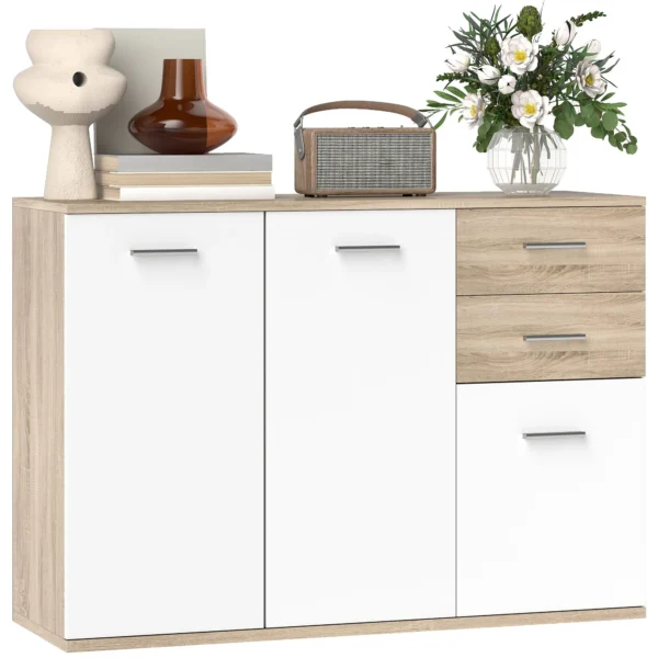 Modern Sideboard with 3 Cabinets and 2 Drawers, Wooden, 106x35x76 cm, Wood color