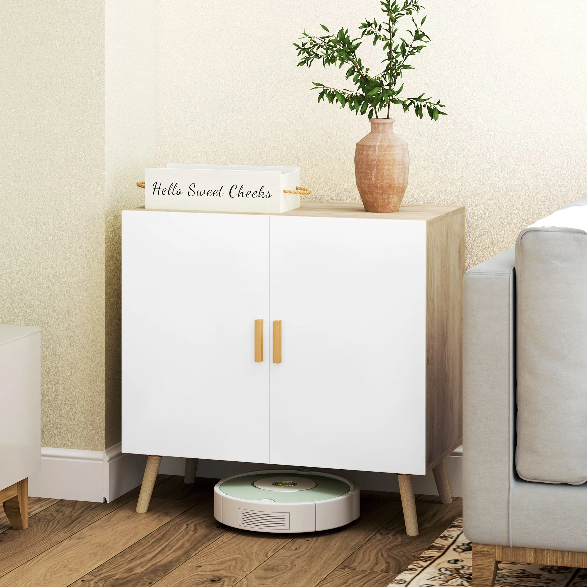 Multipurpose Cabinet with 3-Level Adjustable Shelf and Raised Base, in Wood, 76x41.2x74 cm, White and Oak - Image 2