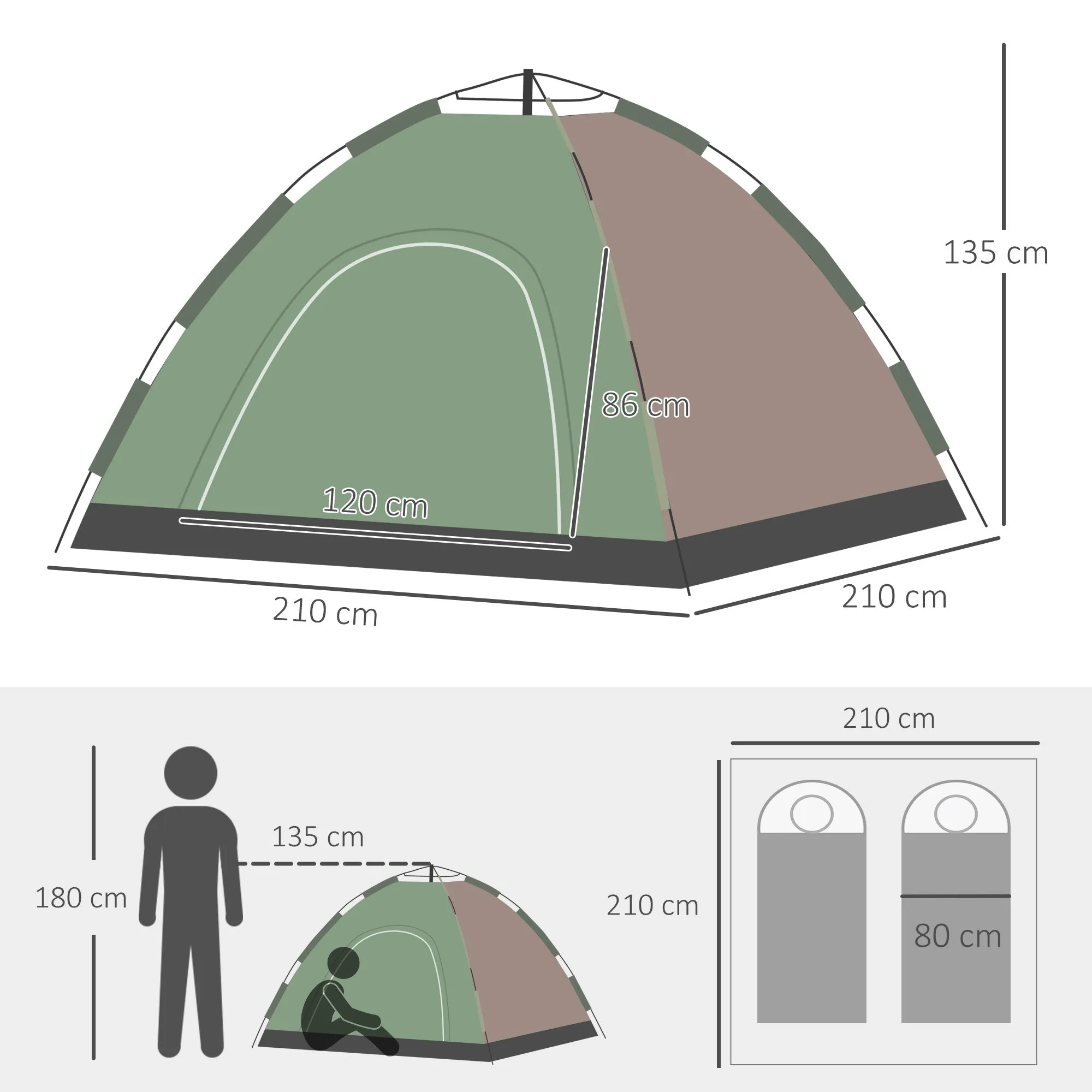 2-Person Camping Tent with Carrying Bag, Hooks for Lamps and Storage Pockets, 210x210x135 cm - Image 3
