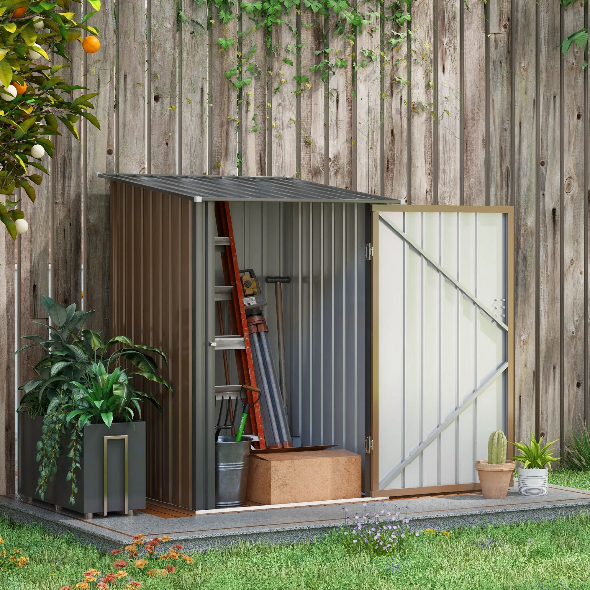 Garden Shed Galvanized Steel Tool Storage Shed with Door, 100x103x160cm, Brown - Image 2