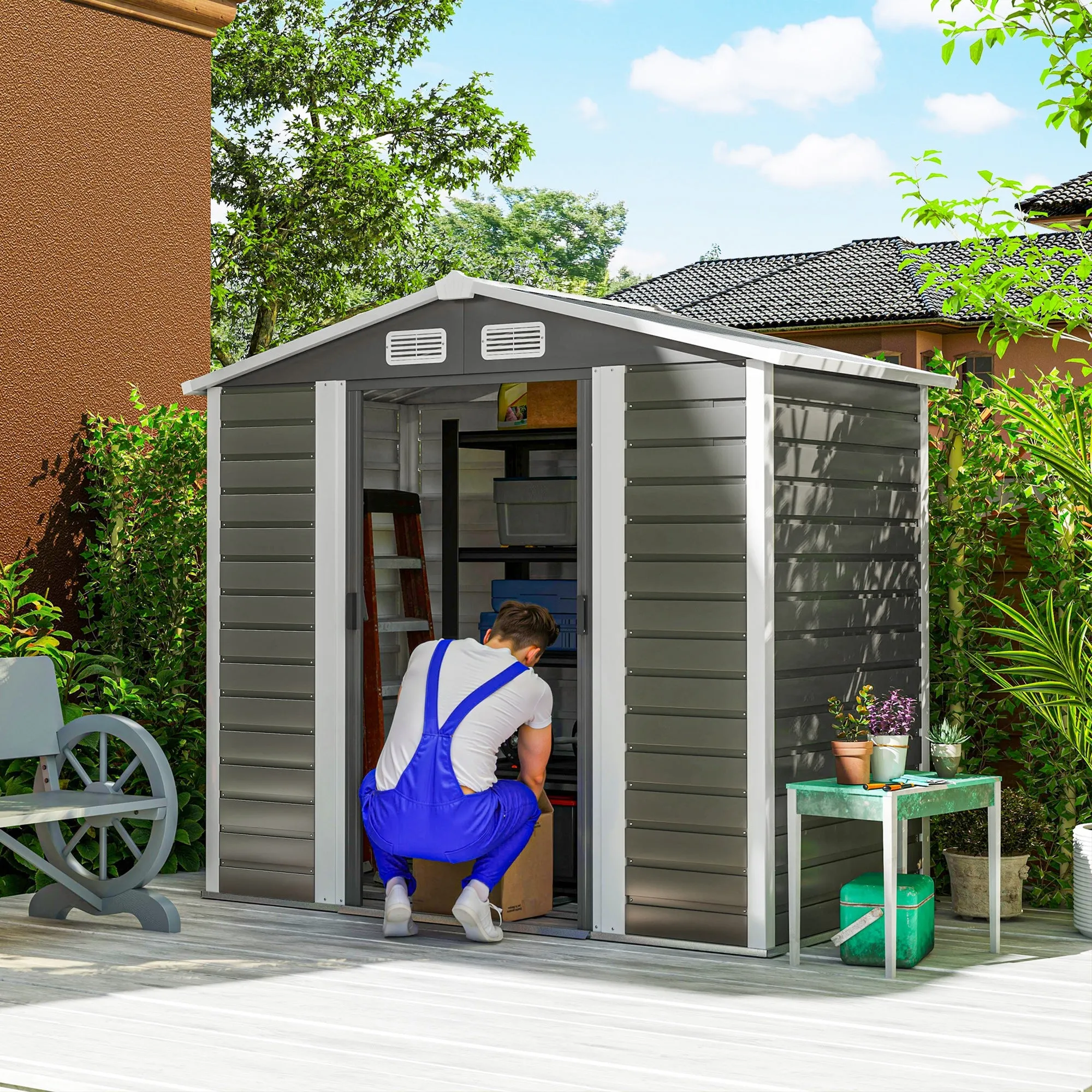 Metal Garden Shed with Sliding Doors and Padlock with Keys, 2.1x1.2x1.9m, Dark Grey - Image 2