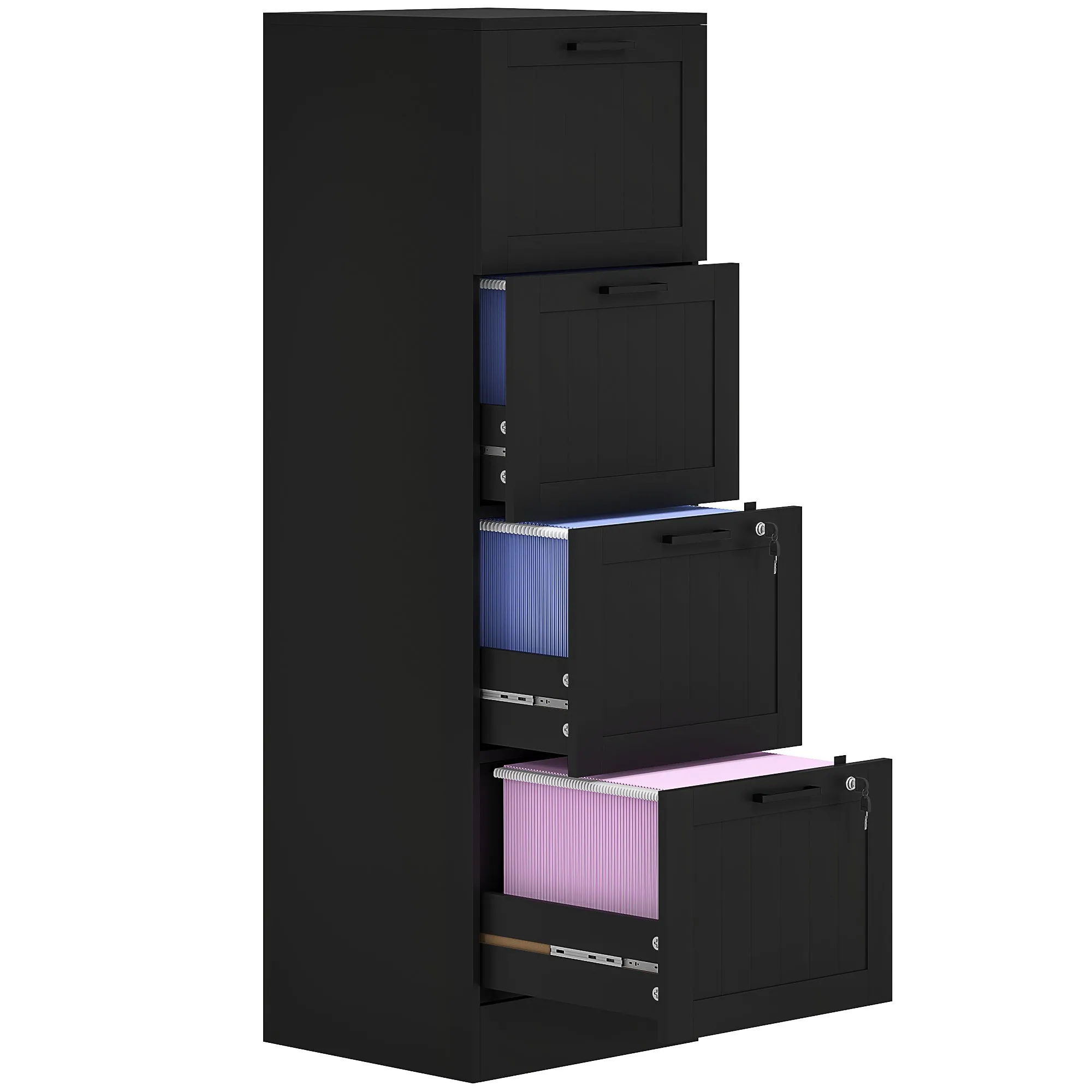 4-Drawer File Cabinet with Adjustable Rail and 2 Locks, Wooden, 40x40x131 cm, Black