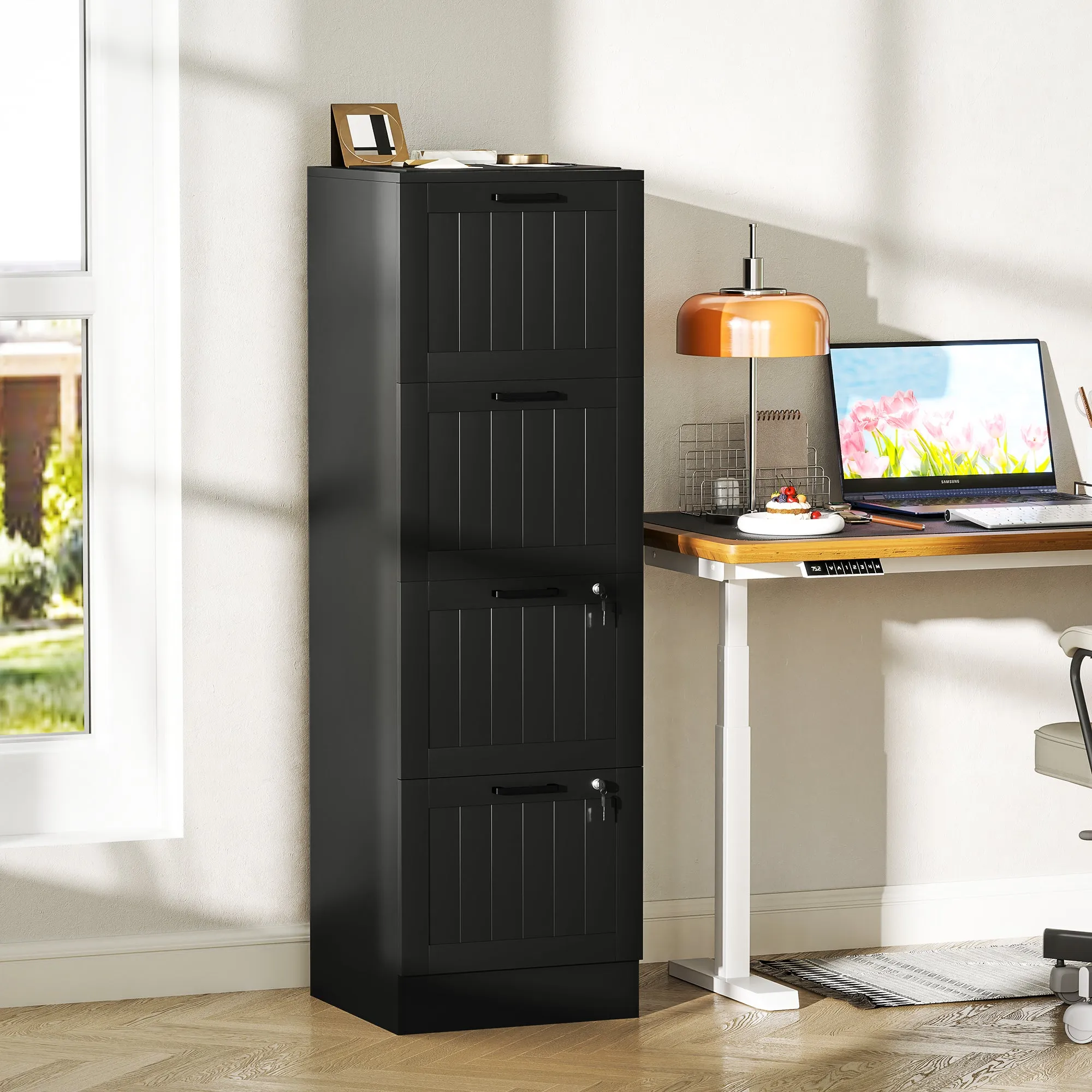 4-Drawer File Cabinet with Adjustable Rail and 2 Locks, Wooden, 40x40x131 cm, Black - Image 2