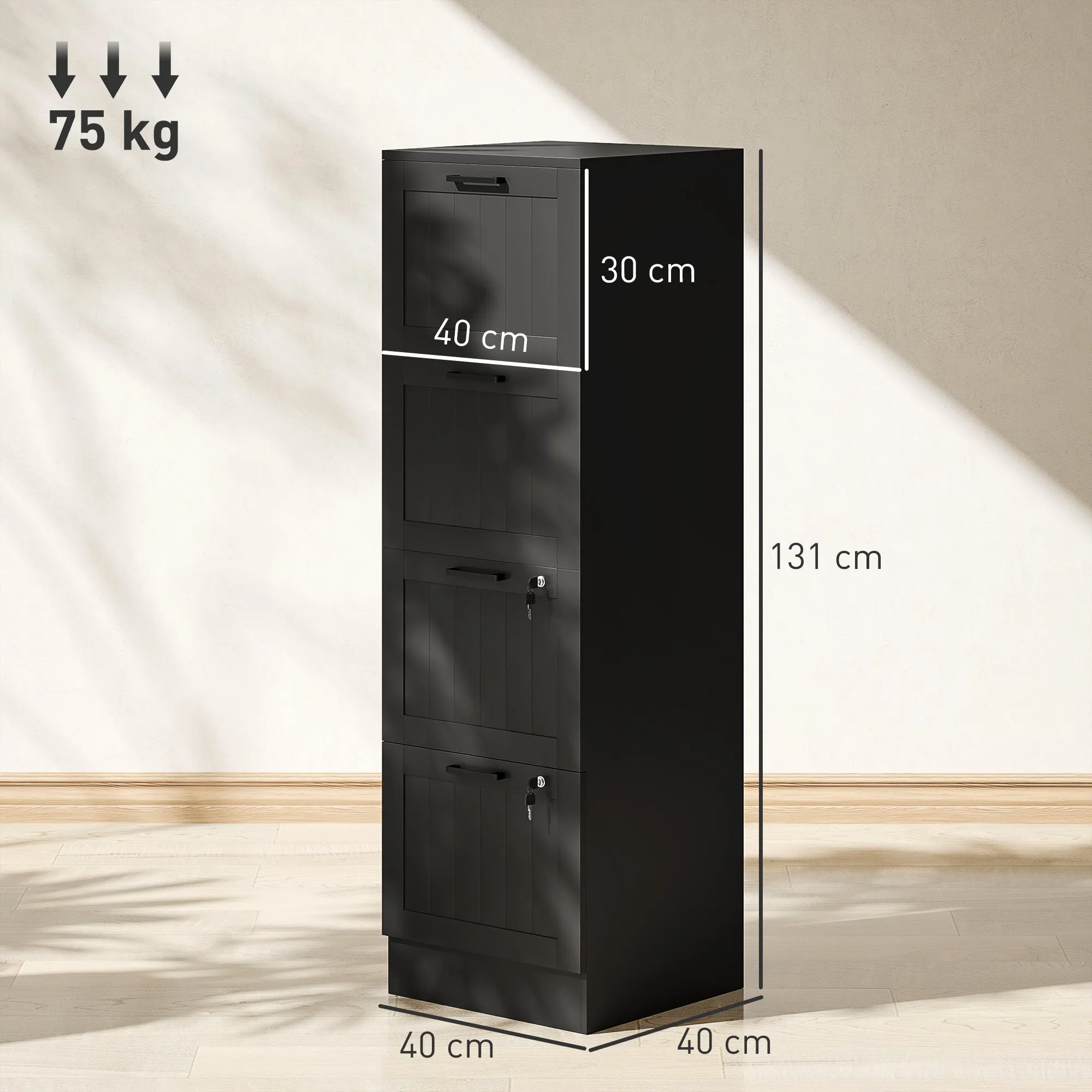 4-Drawer File Cabinet with Adjustable Rail and 2 Locks, Wooden, 40x40x131 cm, Black - Image 3